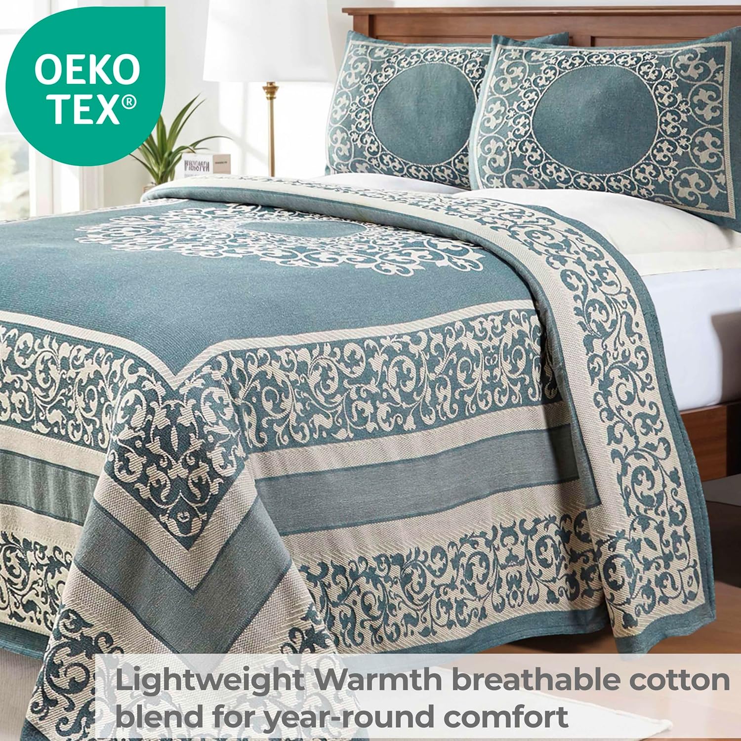 Superior Cotton Blend Bedspread Set, Includes Oversized Bedspread and 2 Matching Pillow Shams, Light Weight Blanket, Jacquard Vintage Floral Mandala, Lyron Collection, Full, Cerulean Blue