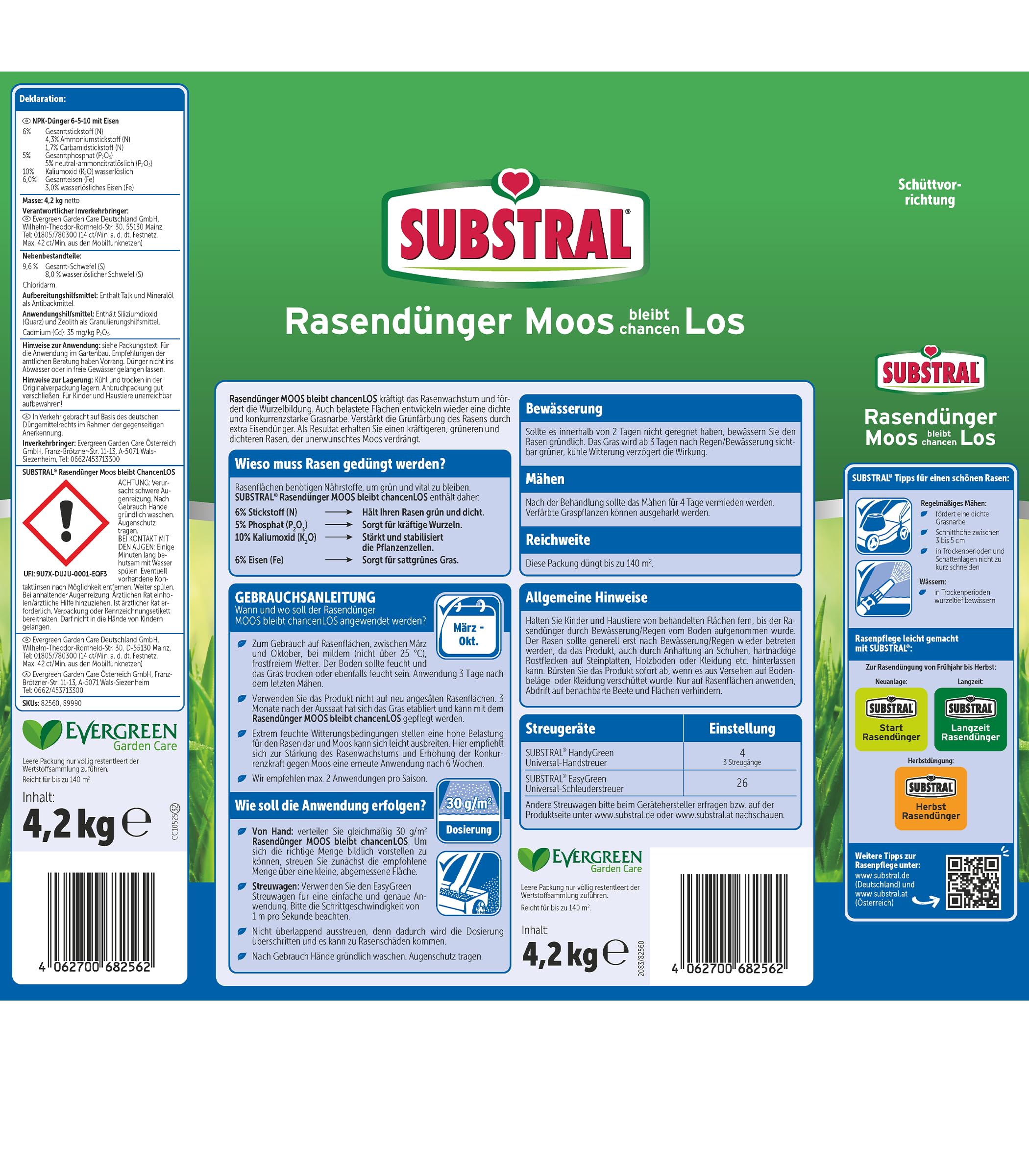 Substral Moos - Fertilizzante per prato, 4,2 kg, 140 m², chiusura rapida, con ferro extra per prato verde intenso e denso