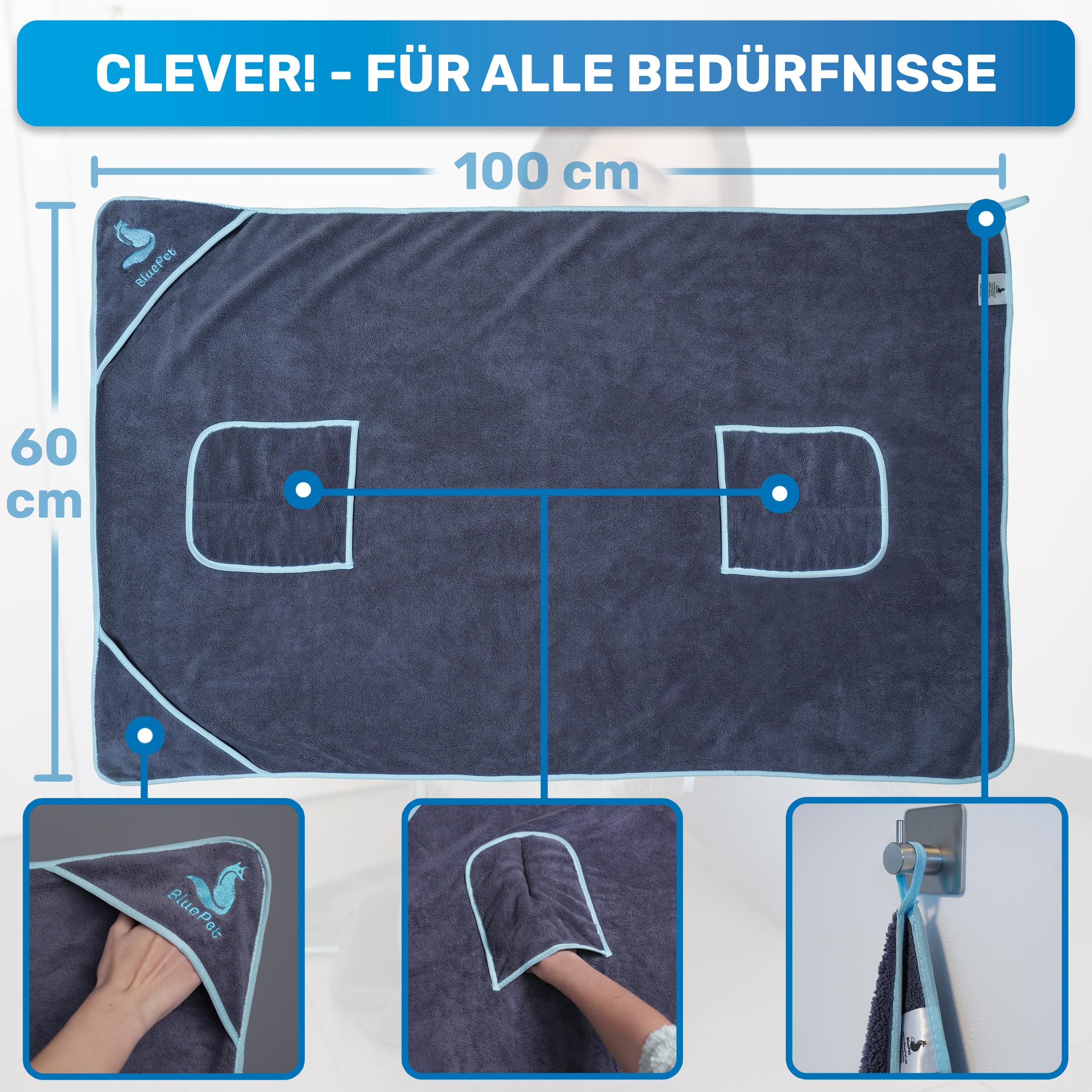 BluePet Hundehandtuch 100x60cm - Extra Saugfähig & Schnell Trocknend - Handtuch für kleine & große Hunde, Als Badetuch Mikrofaserhandtuch & Hundehandtücher (2X Hundehandtuch)