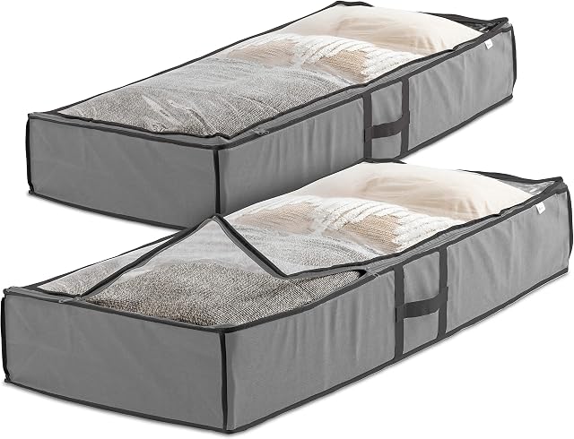 Premium Underbed Storage Bag (2-Pack) Clothes Storage Boxes with Zips, Storage Bags for bedding, King Size Duvet, Linen, Pillow, Shoe - Non-Woven Under Bed Storage Box Organiser for Clothes