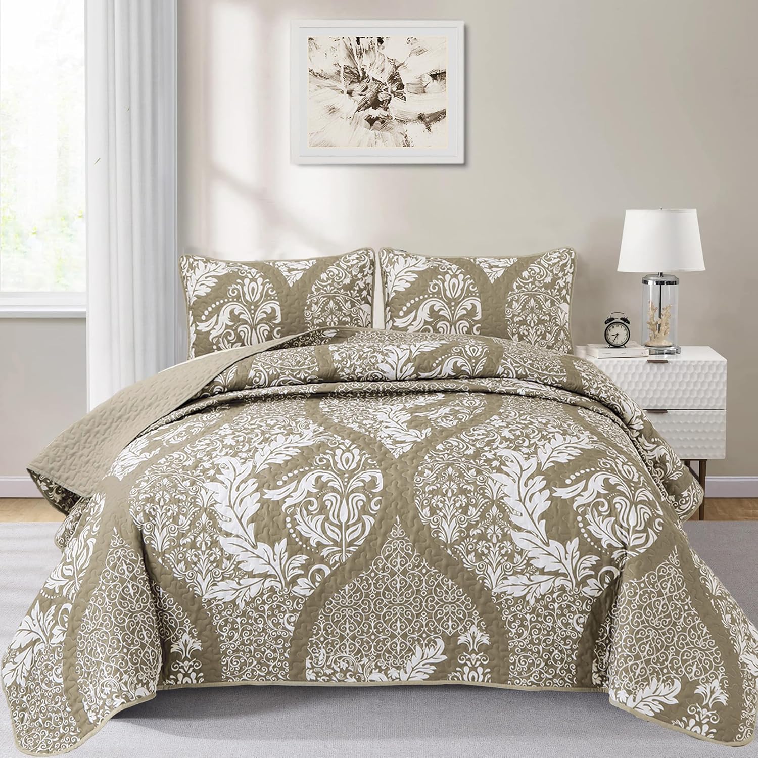 Khaki Quilt Set King Size, Boho Damask Bedspread Coverlet Set Soft
