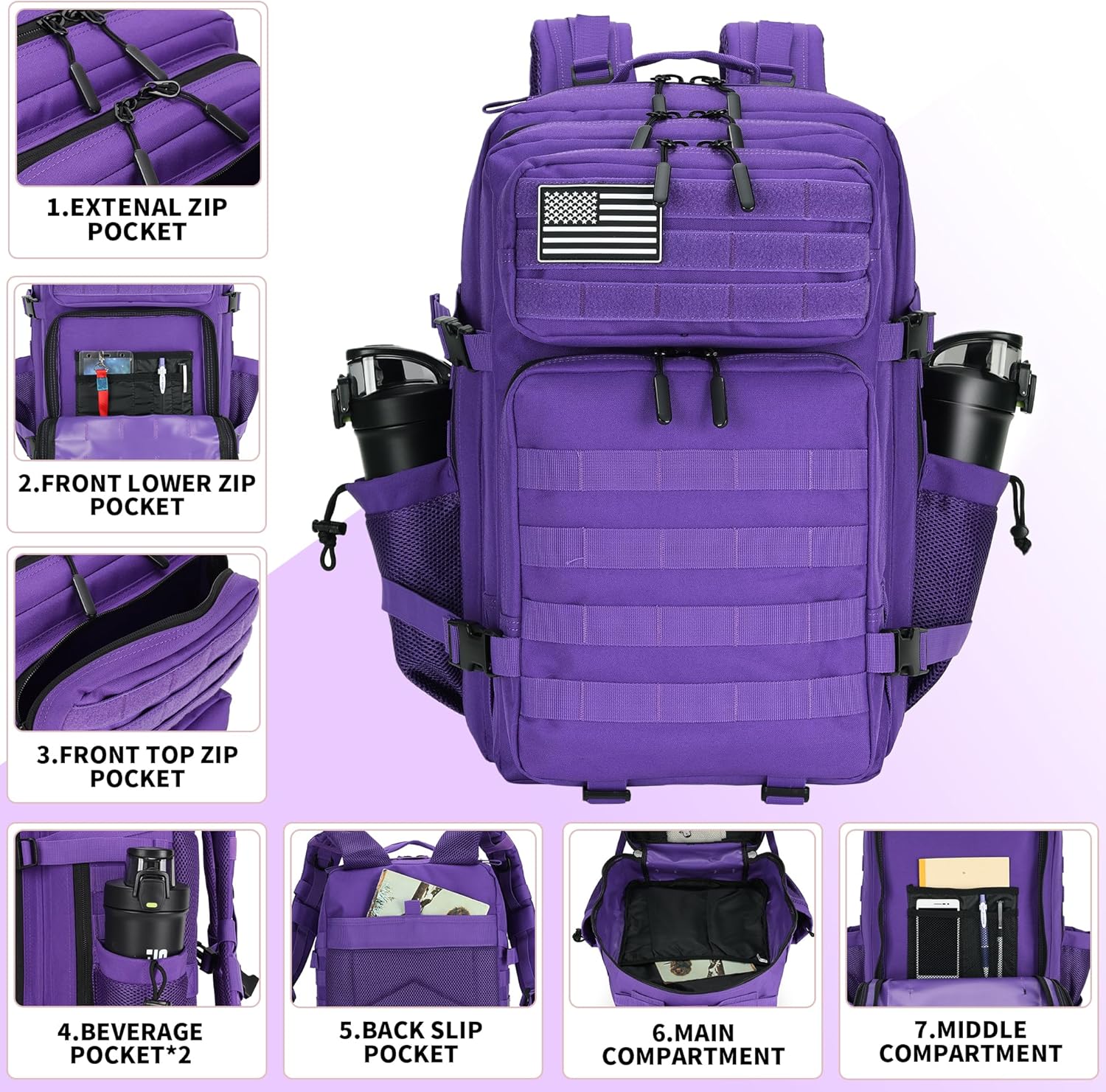 45L Tactical Assault Backpack 3 day assault pack with Molle Waterproof backpack Rucksack for Tactical Backpacks (Purple) - Image 5