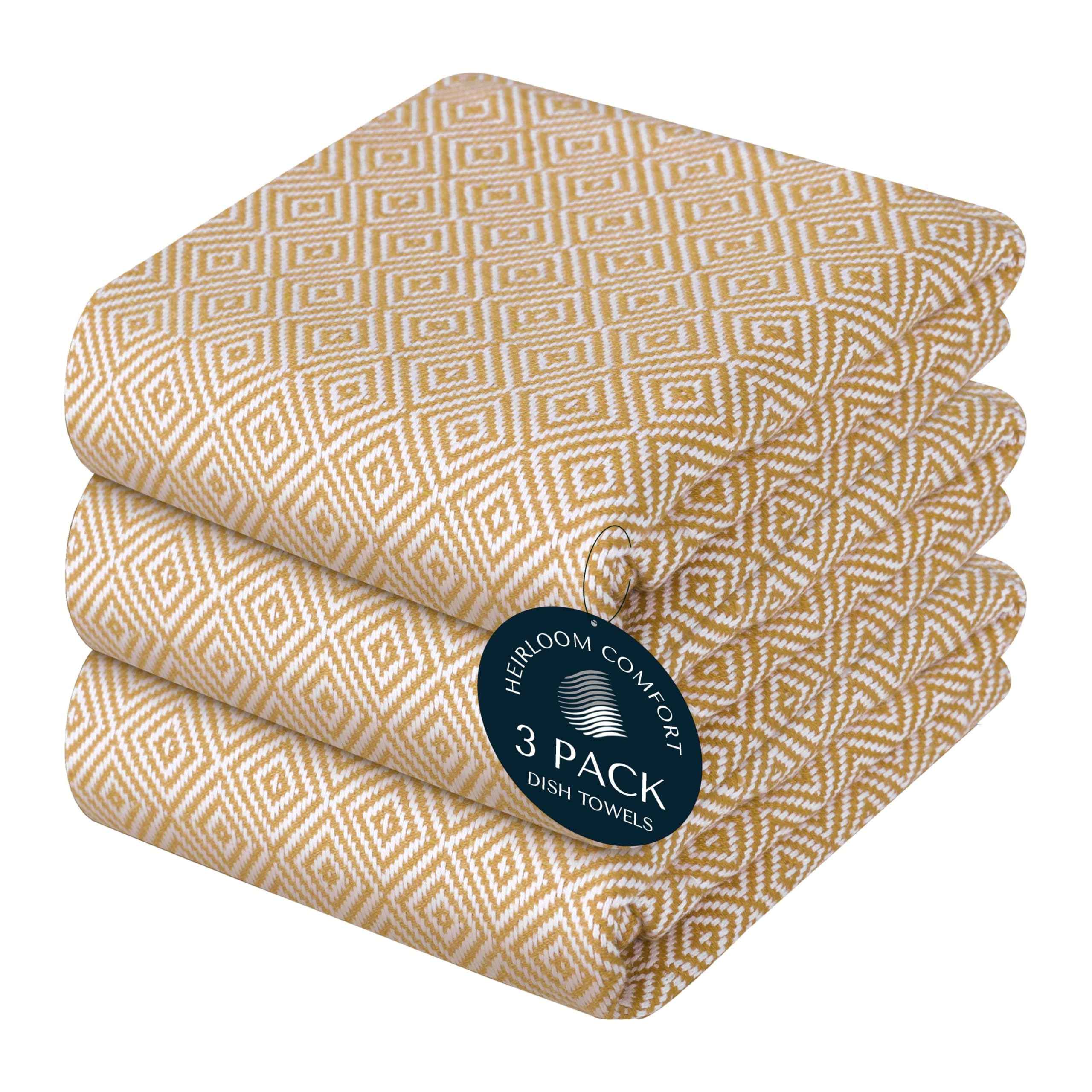 HEIRLOOM COMFORT Khaki Kitchen Towels, 3 Pack, 100% Cotton, 40x66 cm, Super Absorbent and Quick Dry, Diamond Weave Towel Set, Reusable, Durable Dish Cloths for Kitchen Use, Cleaning & Drying Dishes