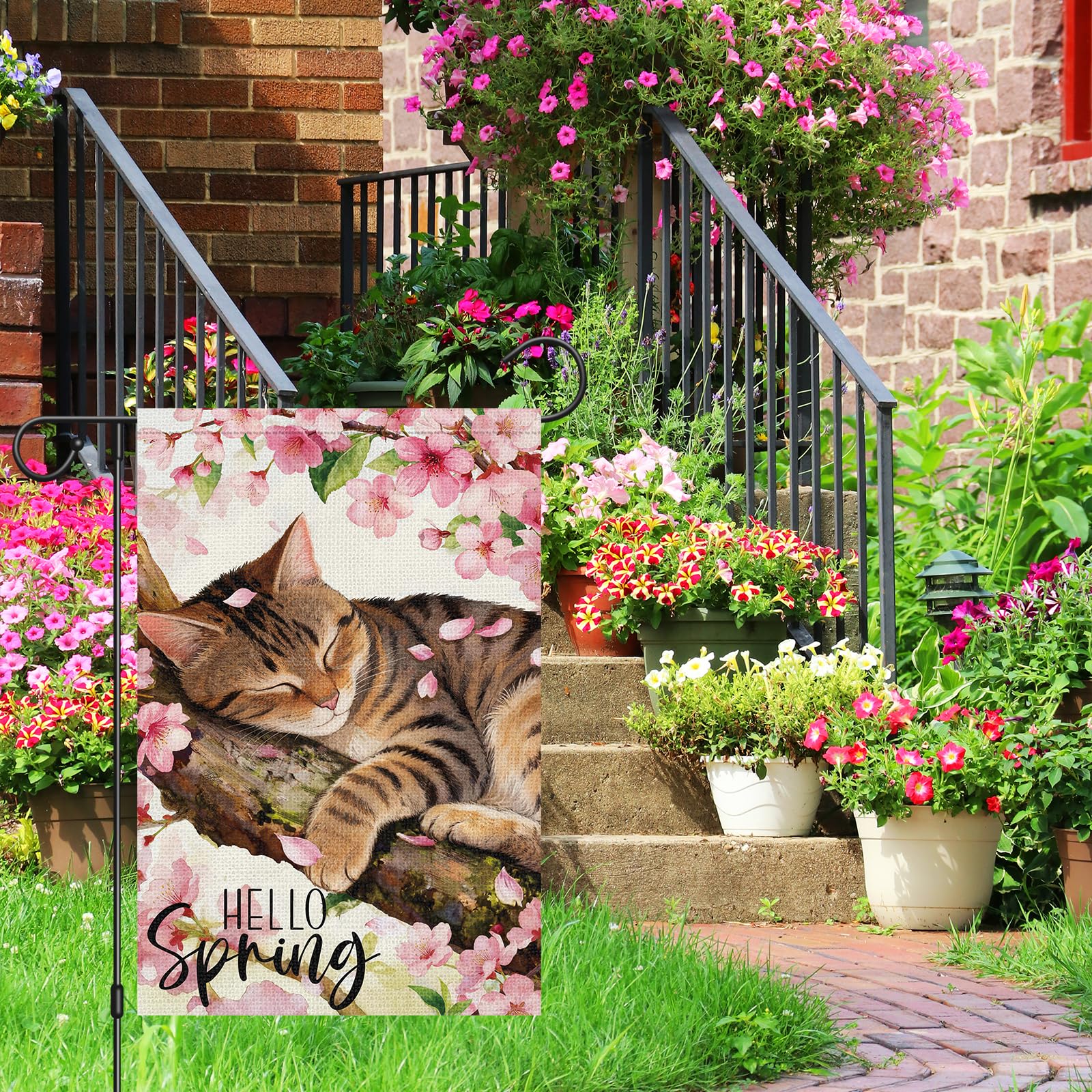 Heyfibro Hello Spring Tabby Cat Garden Flag 12x18 Double Sided Burlap, Watercolor Cherry Blossom Flower Yard Banner for Rustic Seasonal Summer Outdoor Decoration (ONLY FLAG) - 4
