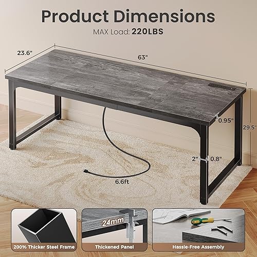 Miniatura 2 de Huuger Escritorio de 63 x 24 pulgadas con tomas de corriente y USB-C, escritorio más profundo y grueso, tubos de metal robustos, escritorio para