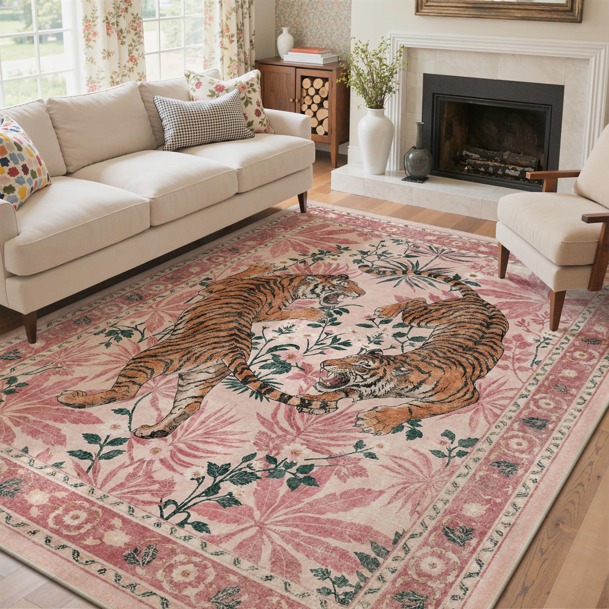 Bavni 8x10 Tiger Print Washable Area Rugs for Living Room Bedroom Non Slip