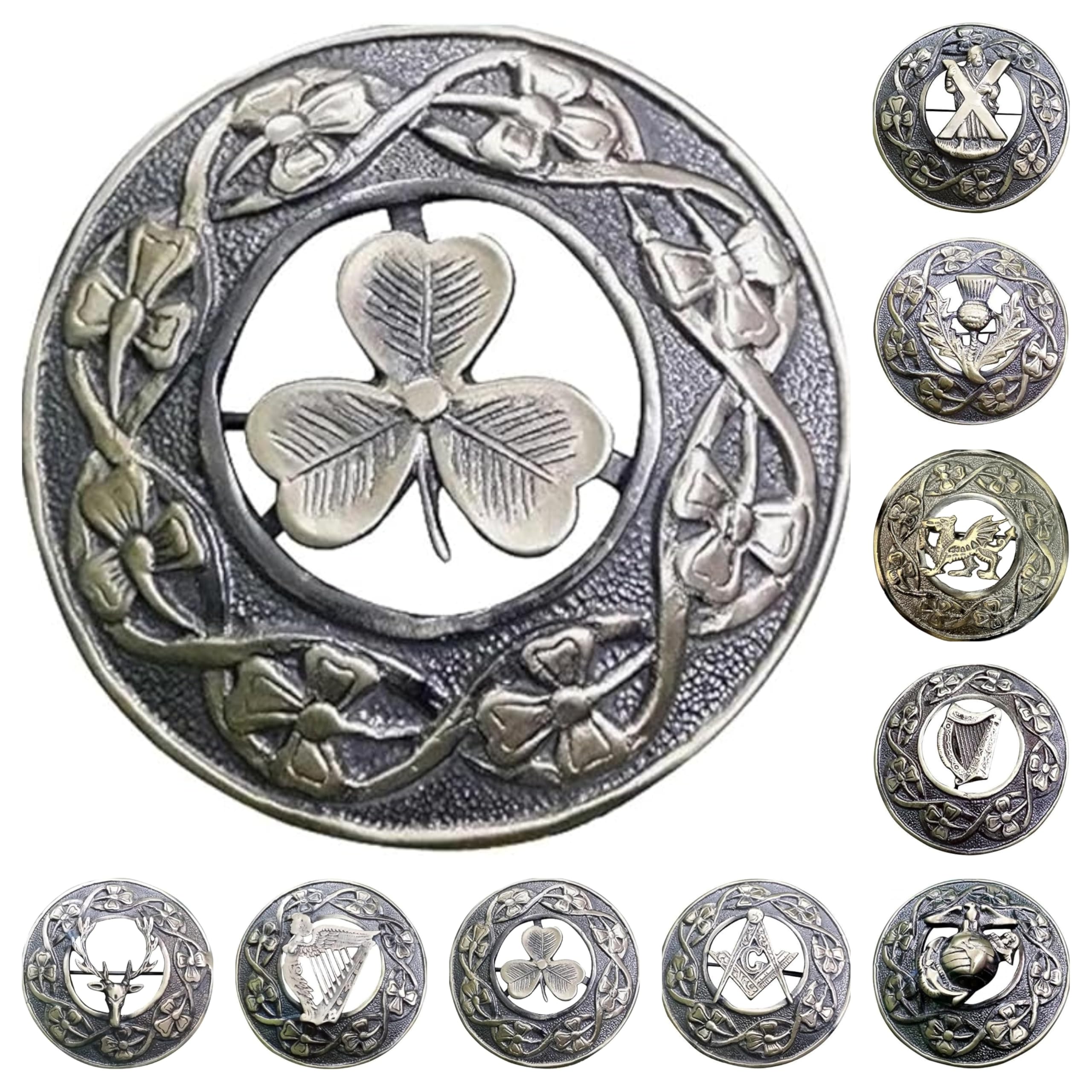 Men,s Scottish Irish Shamrock Kilt Brooch Fly Plaid Antique Finish 3" (7cm) diameter S
