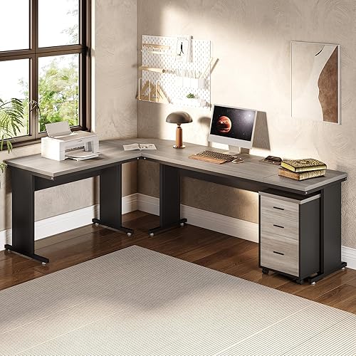 Miniatura 5 de LITTLE TREE Escritorio ejecutivo de 82.67 pulgadas de largo con cajones, escritorio de oficina grande en forma de L con archivador móvil, muebles de