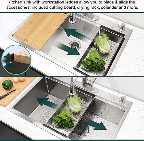 Miniatura 9 de Homikit Fregadero de cocina de 33 x 22 pulgadas, fregadero de cocina de acero inoxidable calibre 16 con esquina R10 de 2 agujeros, fregadero de