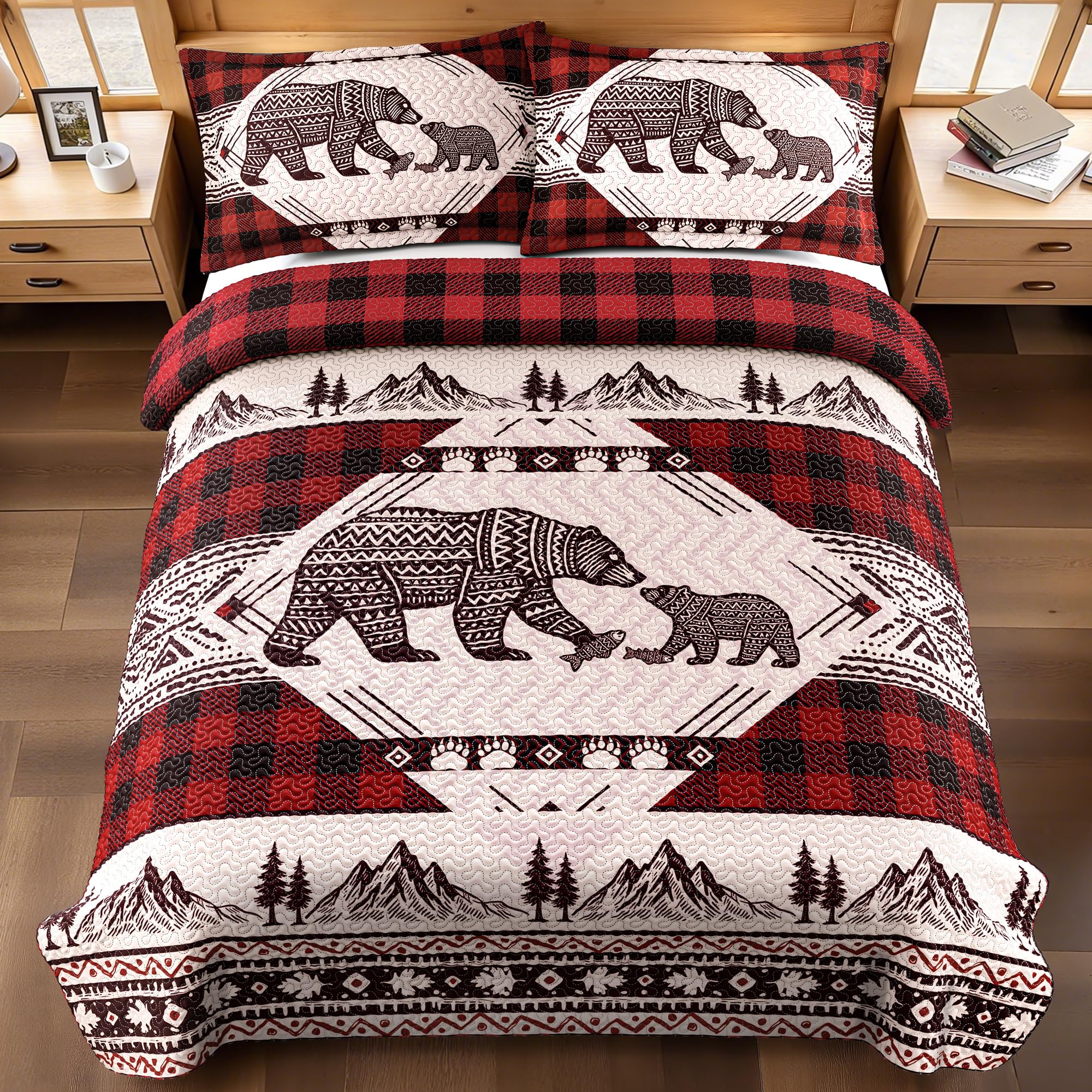 3 Piece Cabin Full/Queen Quilt Sets Christmas Rustic Reversible Microfiber Soft Lightweight Farmhouse Bedspread Comforter with 2 Shams Patchwork Country Lodge Bedding for All Season, 90''x96'', Red