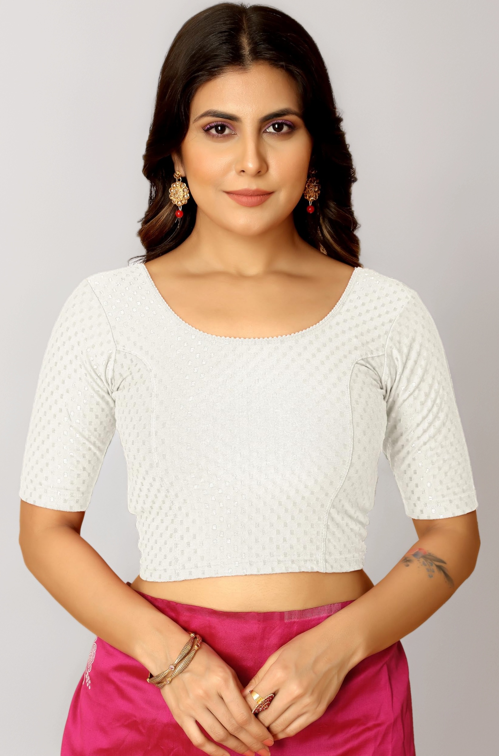 Amazon Brand - Anarva Round Neck Dobby Cotton Lycra Stretchable Elbow Half Sleeve Readymade Saree Blouse for Women Stylish