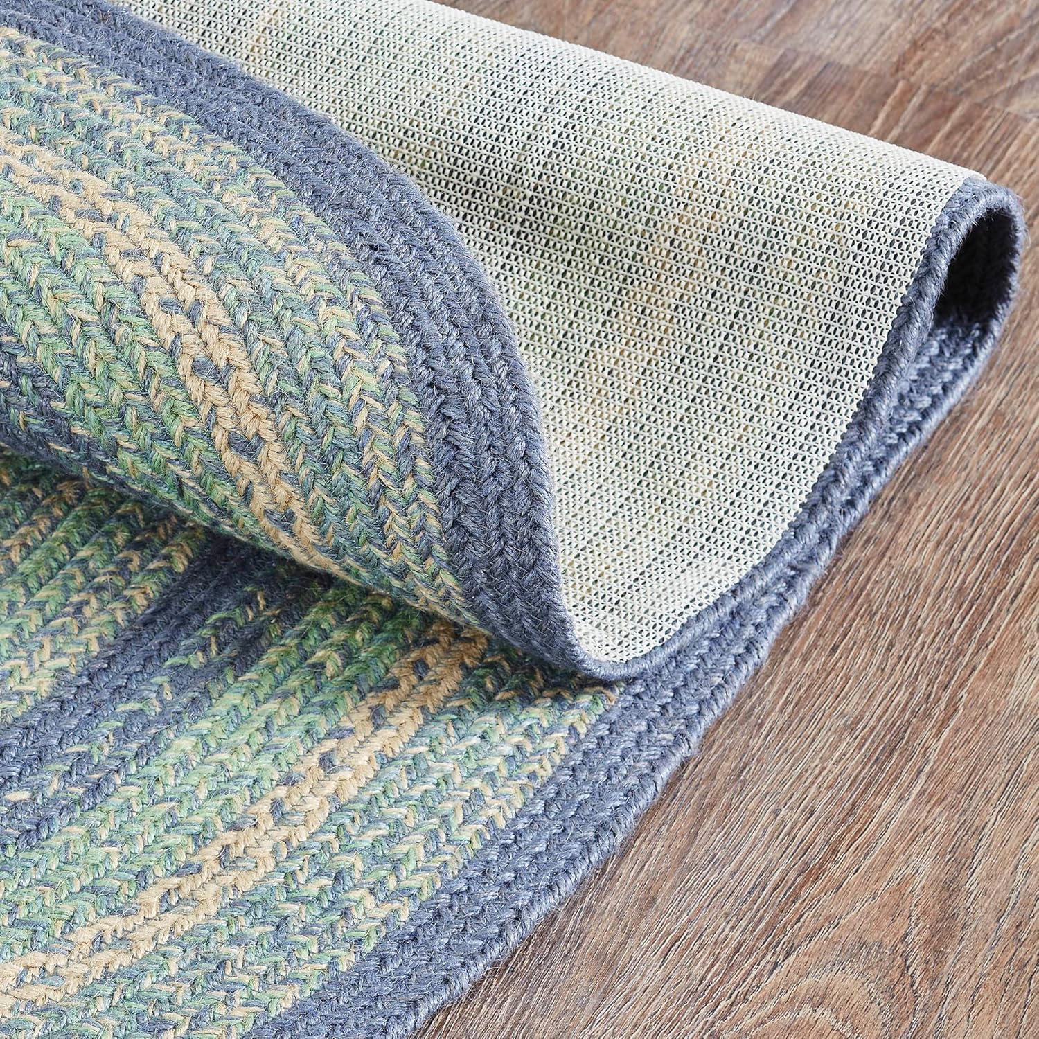 VHC Brands Jolie Farmhouse 20"x30" Accent Rug Blue Textured Jute Striped Pad Oval Floor Decor