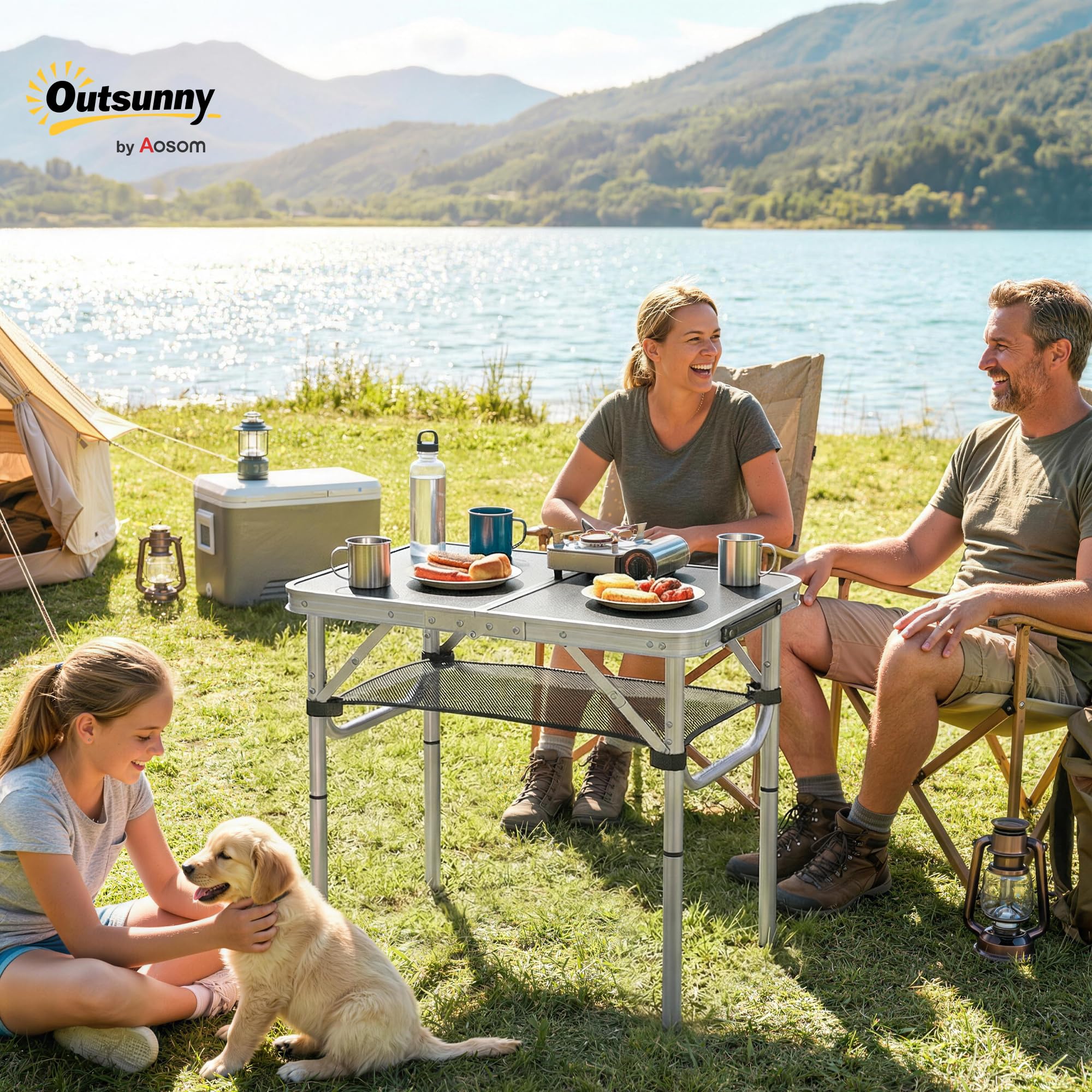 Outsunny Table Pliante en Aluminium, Table de Camping Pliante rectangulaire 60 x 40 x 60 cm, avec poignée, 4 hauteurs réglables, Rangement en Filet, pour intérieur/extérieur, pour terrasse, Blanc