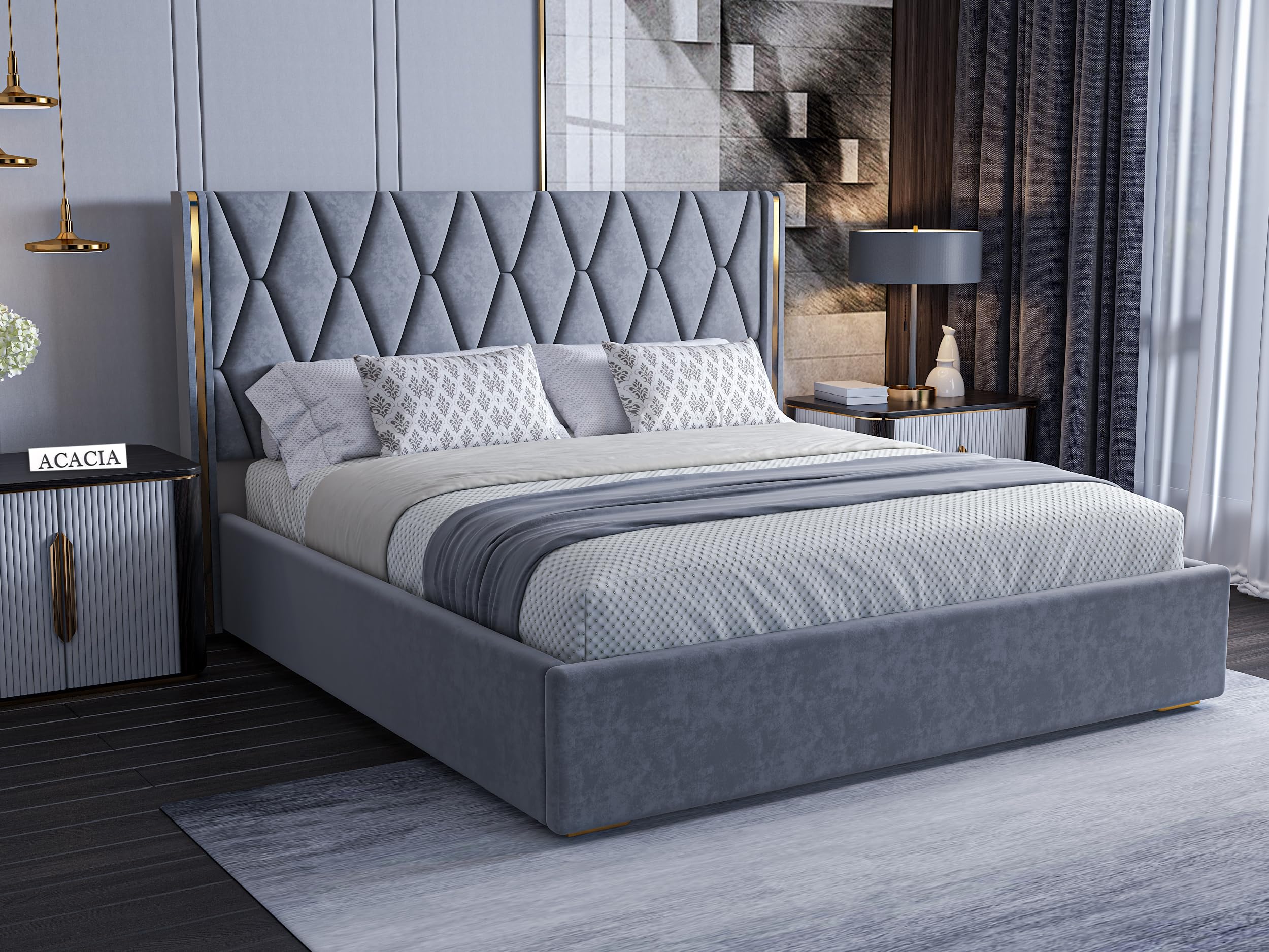 Acacia Modern Upholstered Queen Size Bed with Box Storage for Bedroom | Wooden Double Bed with Storage | Platform Cot Bed with Upholstery Premium Fabric | 6.5 x 5 Ft | Sheesham Solid Wood, Dark Grey
