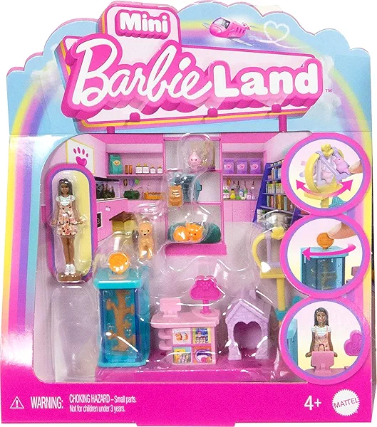 Barbie Mini BarbieLand Collectible Pet Boutique Playset with 1 1/2-Inch Doll, Product Display, Check Out Stand, Pet House & Cat Baskets for Storytelling Play