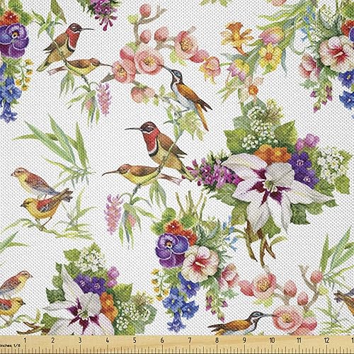Ambesonne Tela floral de The Yard, acuarela salvaje exótico ruiseñor y flores de primavera, ramas botánicas, tela de satén decorativa para textiles