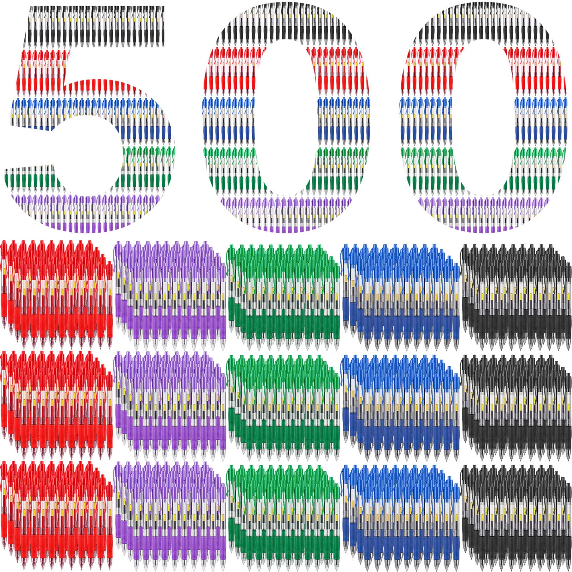 Jetec Confezione da 500 penne a sfera in gel di alta qualità, punta fine 0,7 mm, retrattili, con inchiostro gel, per scrivere diari, prendere appunti, scuola e ufficio (nero, blu, rosso, verde, viola)