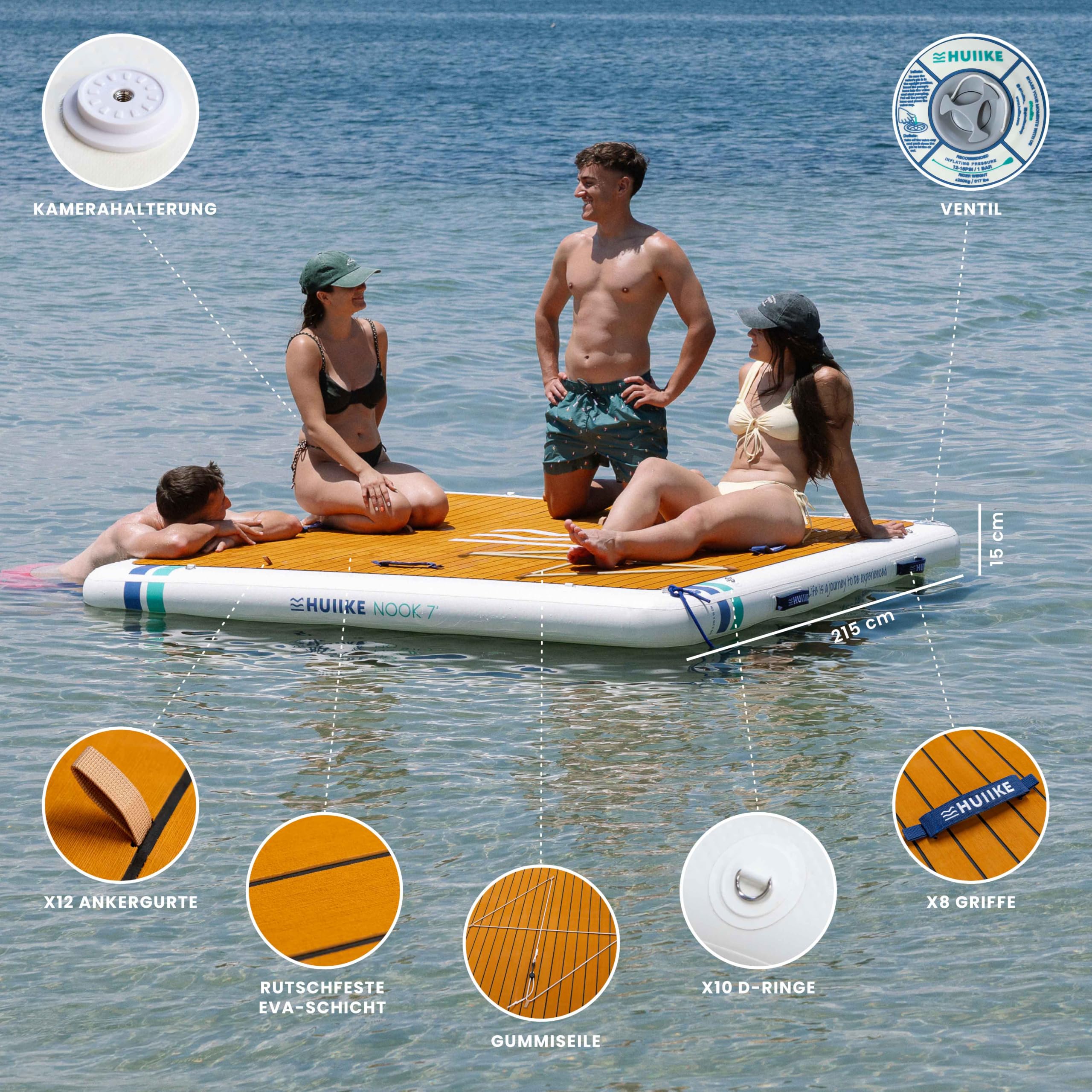 HUIIKE rutschfeste Badeplattform Aufblasbar 2,15-3,05 m für 4-6 Personen mit Zubehör Inklusive, Pumpen, Sandanker, Rucksack. Schwimmplattform bis zu 280-500 kg, Badeinsel für Kinder und Erwachsene