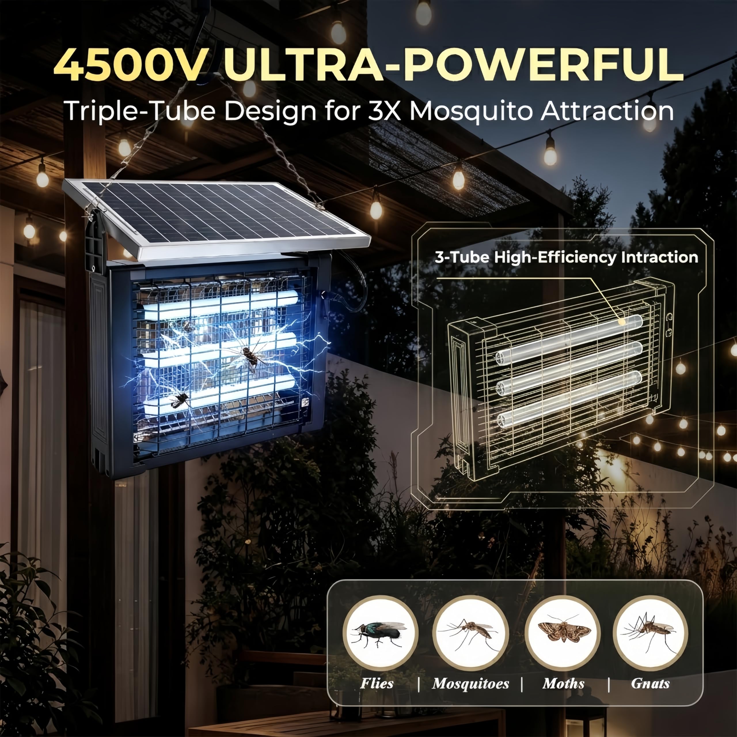 Eliminador solar de insectos para exteriores, impermeable, de alta potencia, 4500 V, mata mosquitos eléctrico, recargable, trampa para moscas para terraza, jardín, patio, caravana, camping, estanque