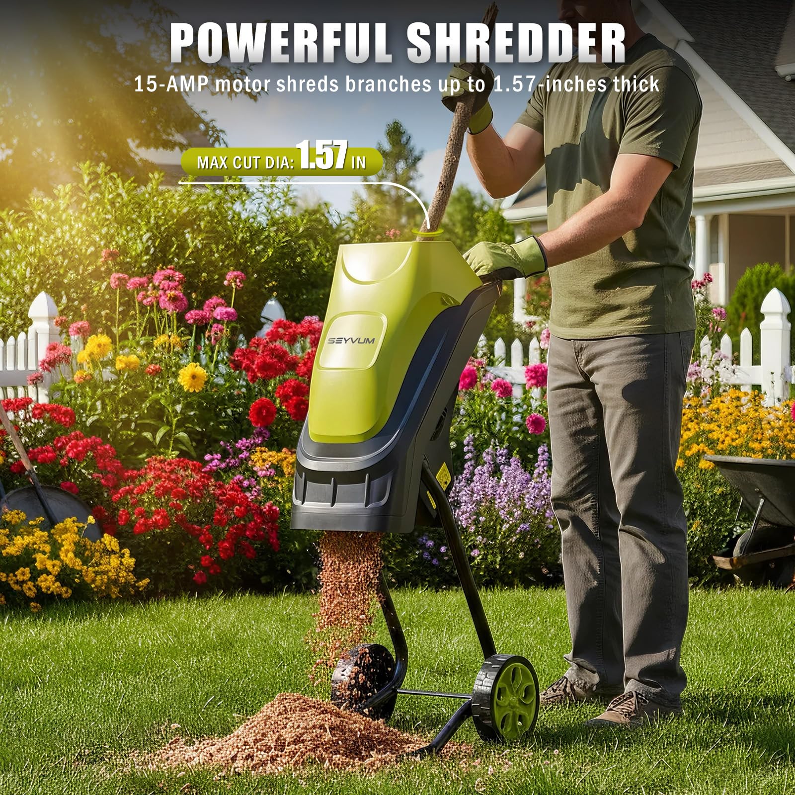 SEYVUM Electric Wood Chipper 15-Amp,Corded Shredder & Efficient Mulcher, with 45L Collection Bag and Push Stick, Double Sided Blade System, for Yard Waste, Branches, 21:1 Reduction - Detailed View