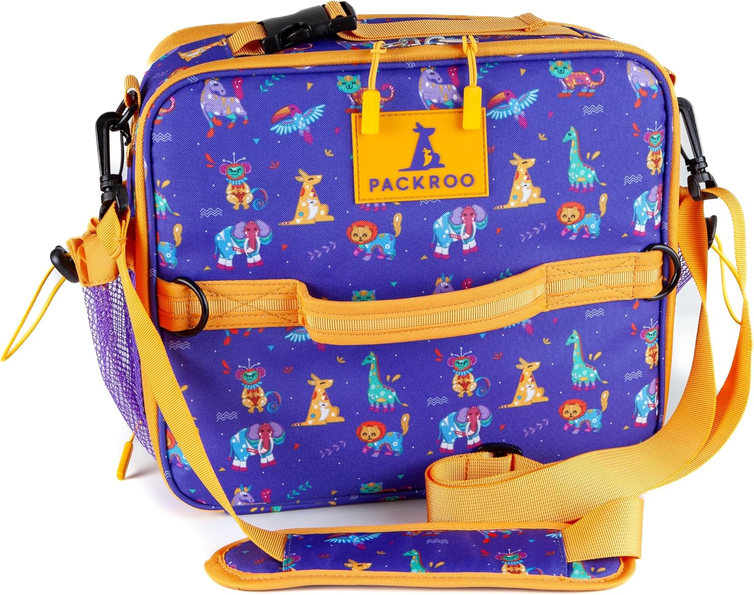 Kids Lunch Bag with Name Tag - Expandable, Insulated Lunch Bag for School & Daycare; Holds Lunch box, Water Bottle & Snacks; Waterproof & Multiple Zippered Pockets (Animals)