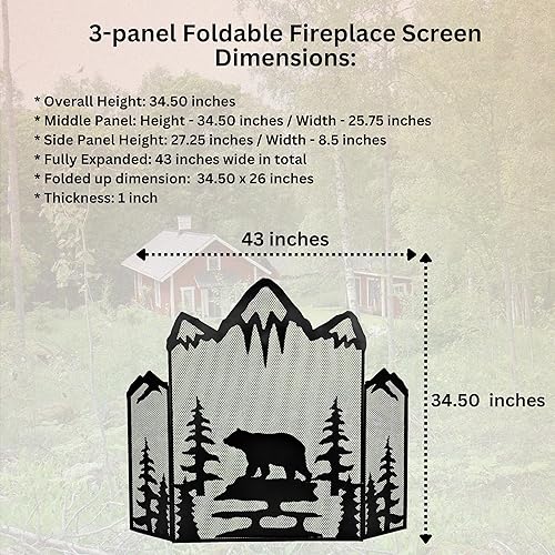 Miniatura 2 de BestGiftEver Pantalla decorativa para chimenea de 3 paneles con un majestuoso oso de montaña, cubierta de chimenea independiente de malla metálica,