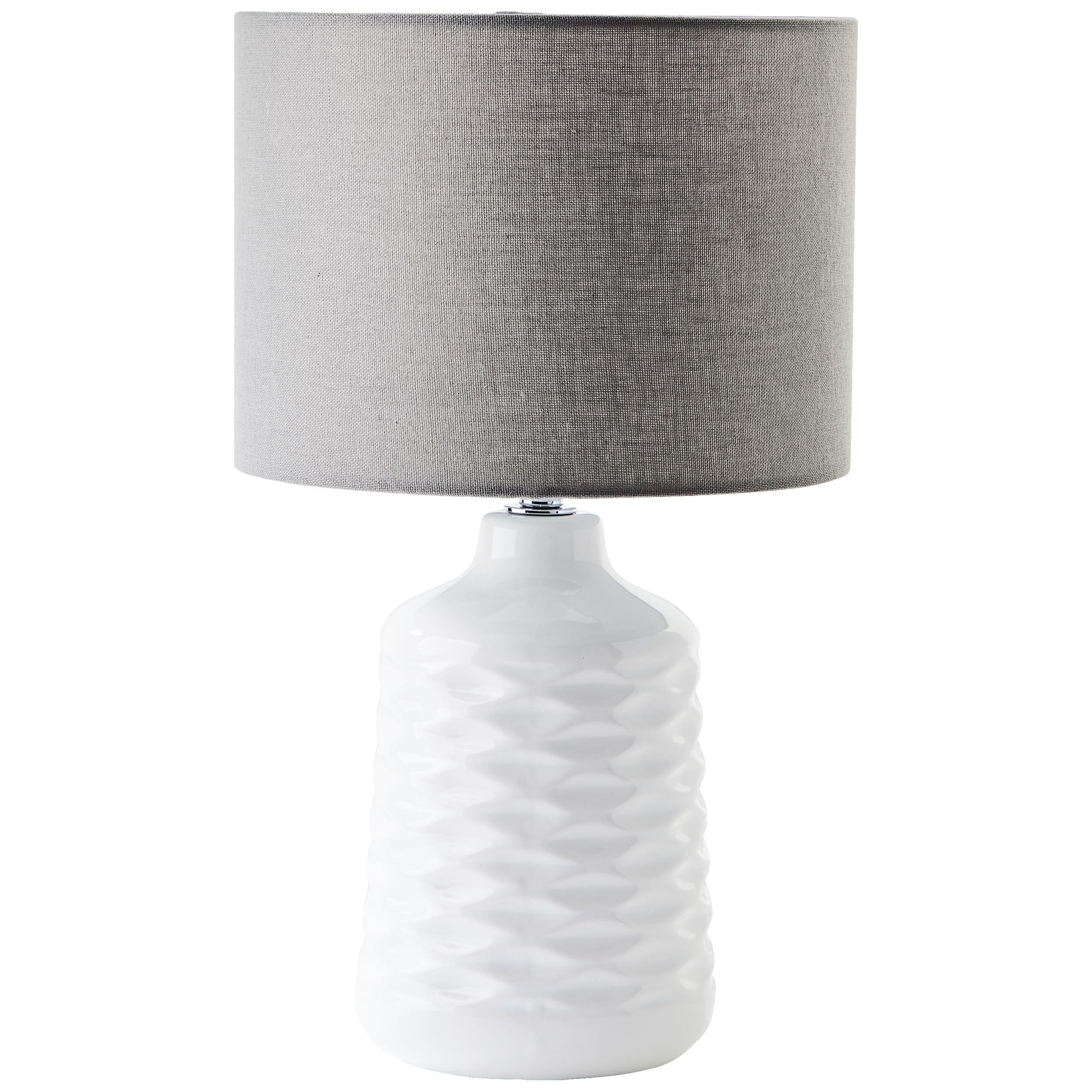 lampada da tavolo in ceramica bianca con paralume in tessuto grigio - | Lampada da tavolo, altezza 42 cm, Ø 25 cm, interruttore, E14, max. 40 W, bianco/giallo