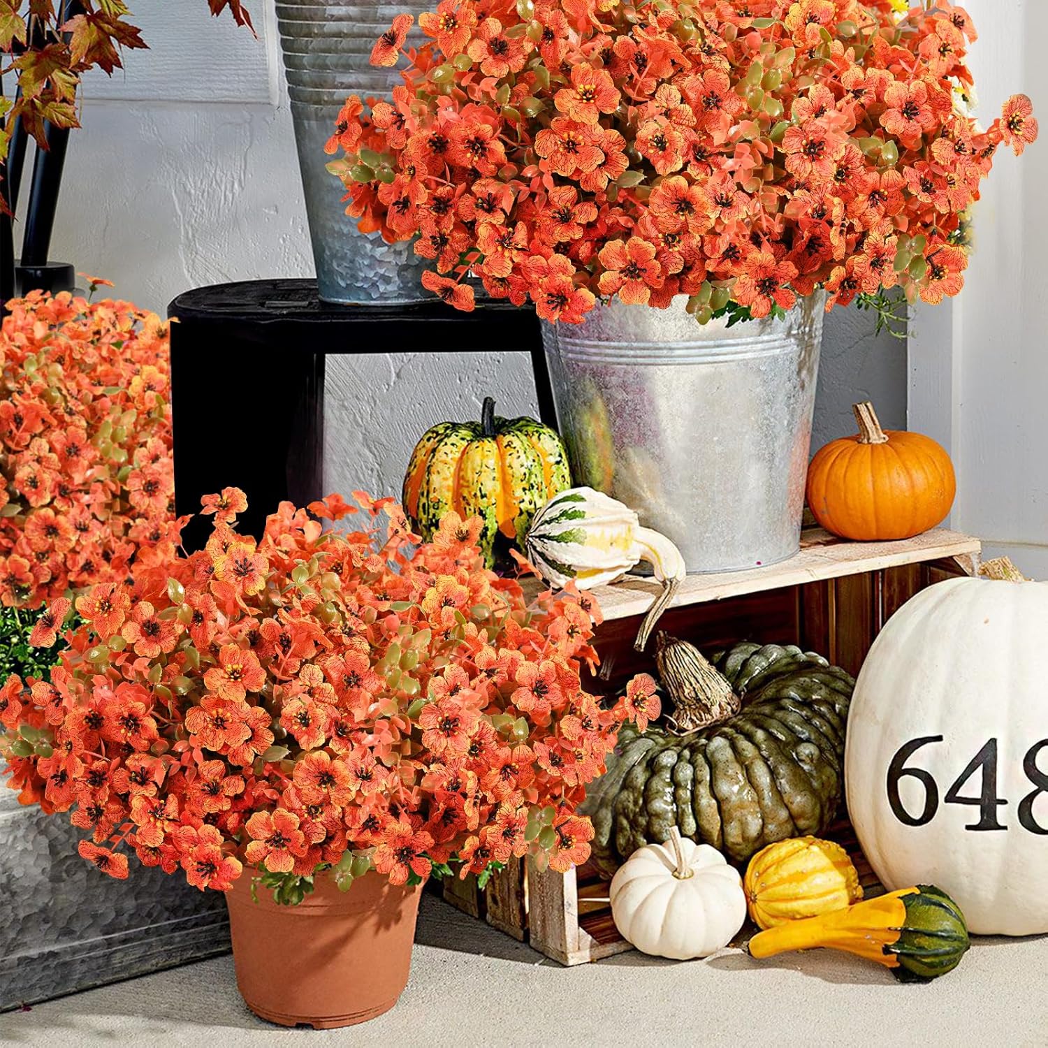 Fall Decor, Fake Mums, Fall Flowers, UV Resistant Artificial Mums for Outdoors, 12 Bundles Faux Mums for Outside, Fall Flower Plants Artificial for Decoration For Home Porch Thanksgiving,Orange Green - Image 4