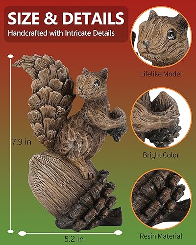 Miniatura 5 de Figura de ardilla de resina hecha a mano en piña, 8 pulgadas, estatua de animales del bosque para otoño, invierno, primavera, verano, decoración de