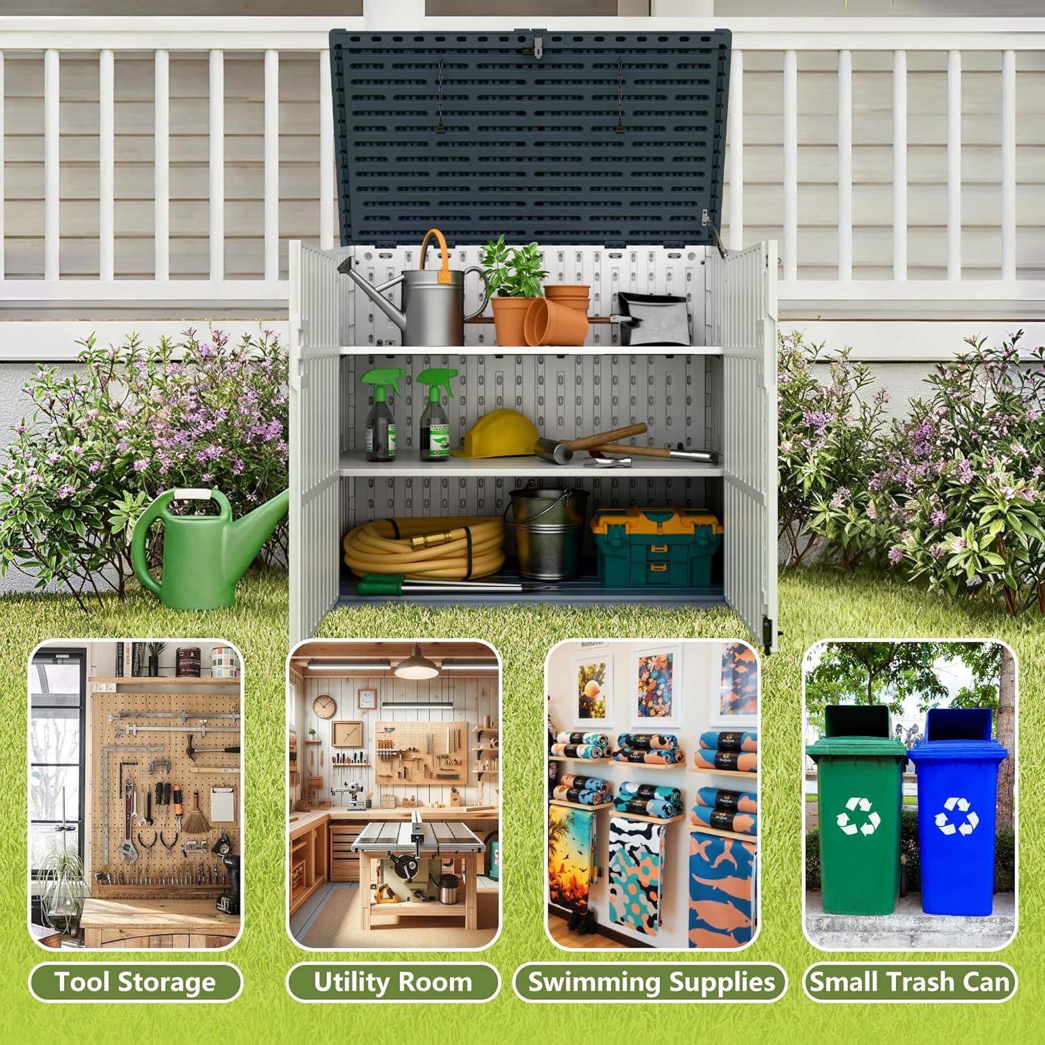 Greesum Outdoor Storage Shed 34 Cu Ft with Lockable Doors, Waterproof Outdoor Storage Cabinet for Trash Cans, Patio Cushions, Gardening Tools with Wood Grain Finish (Beige)