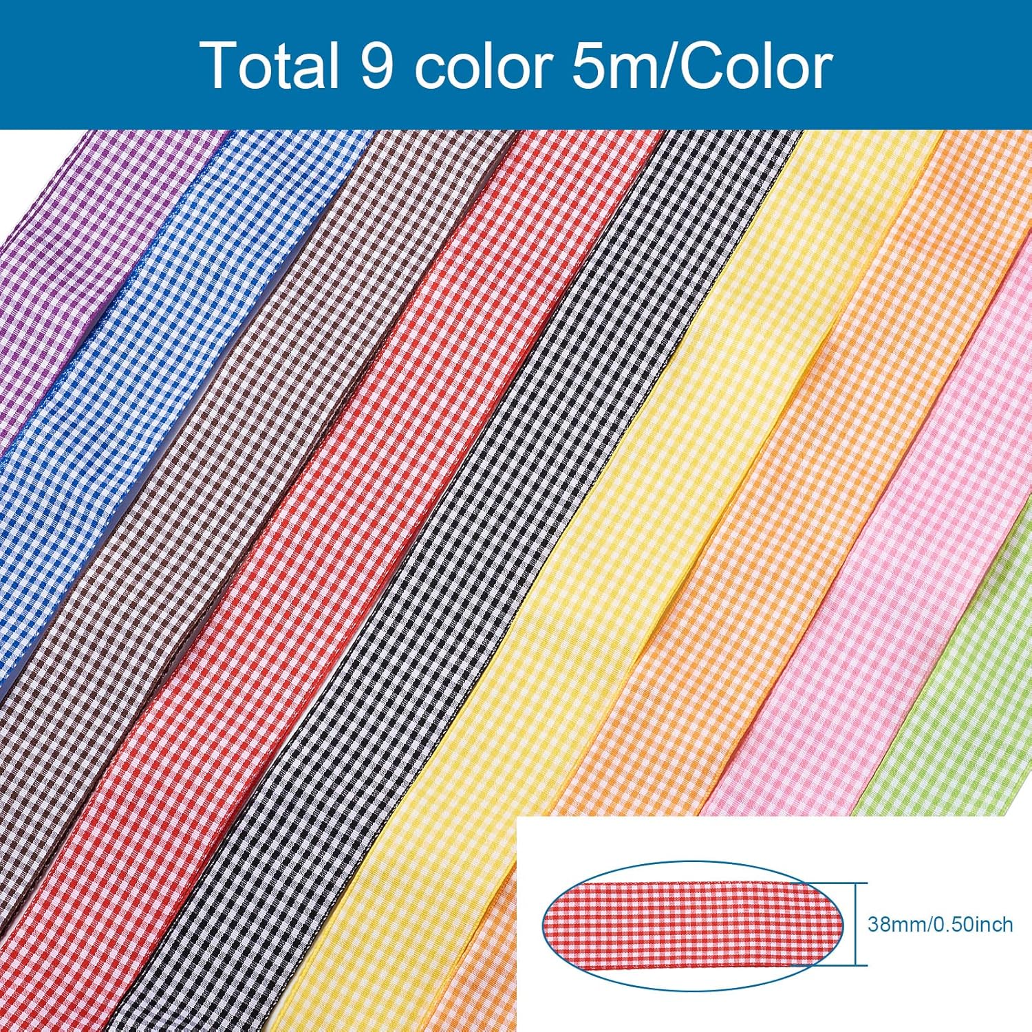 Pandahall 9 Rolls Gingham Ribbon 1-1/2 Inch Mixed Color Checked Polyester Ribbon Picnic Ribbon Christmas Wrapping Ribbon for Making Bows, Sewing, Gift Wrapping, Wedding, Bridal Shower
