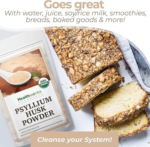 Vista 4 de Healthworks Polvo de cáscara de psyllium orgánico, 16 onzas / 1 libra, crudo, certificado orgánico, polvo finamente molido de la India, Keto, vegano