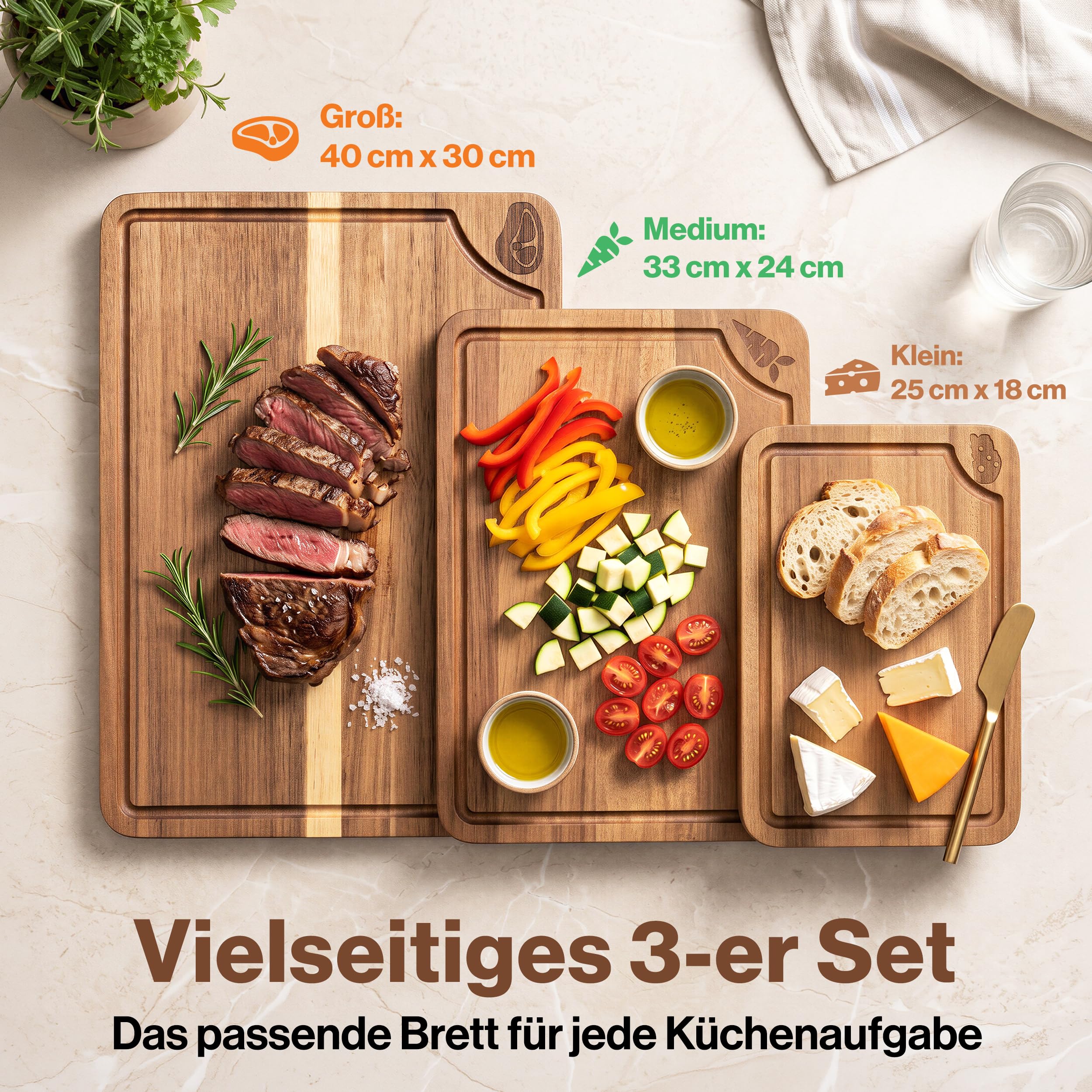 EDELHAUS Schneidebrett Holz 3er Set Akazie, Holzschnedebrett mit Saftrille | Schneidbretter ohne Mikroplastik aus Akazie 2 cm dick Holzbretter Küche mit Saftrille (40x30 / 33x24 / 25x18cm) Cutting Board