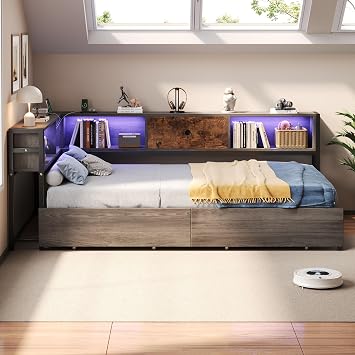 3ft Single Metal Bed Frame with 2 Drawers&Storage Compartments, Functional Daybed with RGB LED Lights&Charging Station, Storage Bed Sofa Bed Guest Beds for Adults&Teens, No Mattress, Grey&Rustic Brown