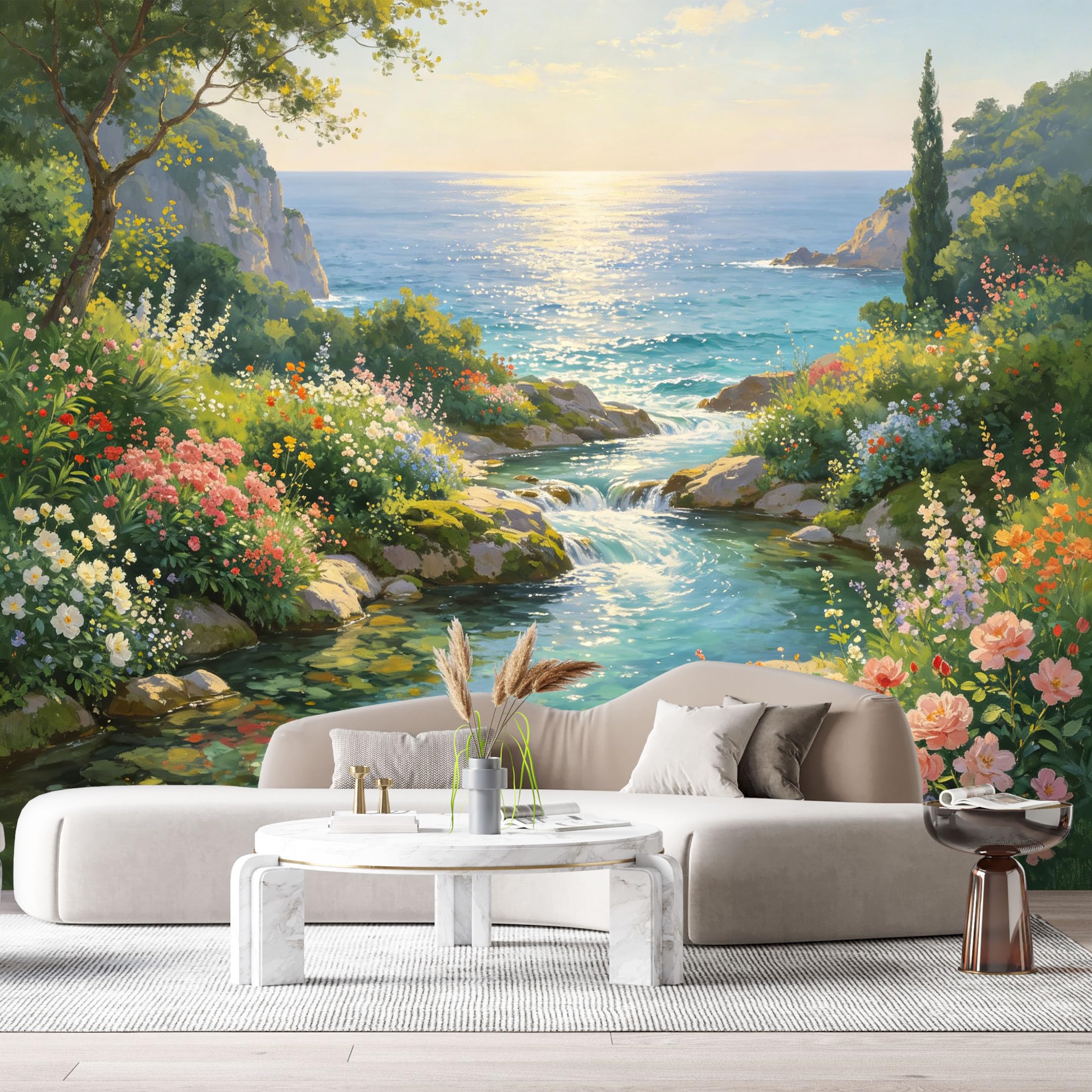 Custom Size Wall Murals Coastal Landscape Botanical Oil Painting Ocean Shoreline Sunlit Creek SelfAdhesive Wall Fabric Removable Large Wallpaper for Photo Living Room