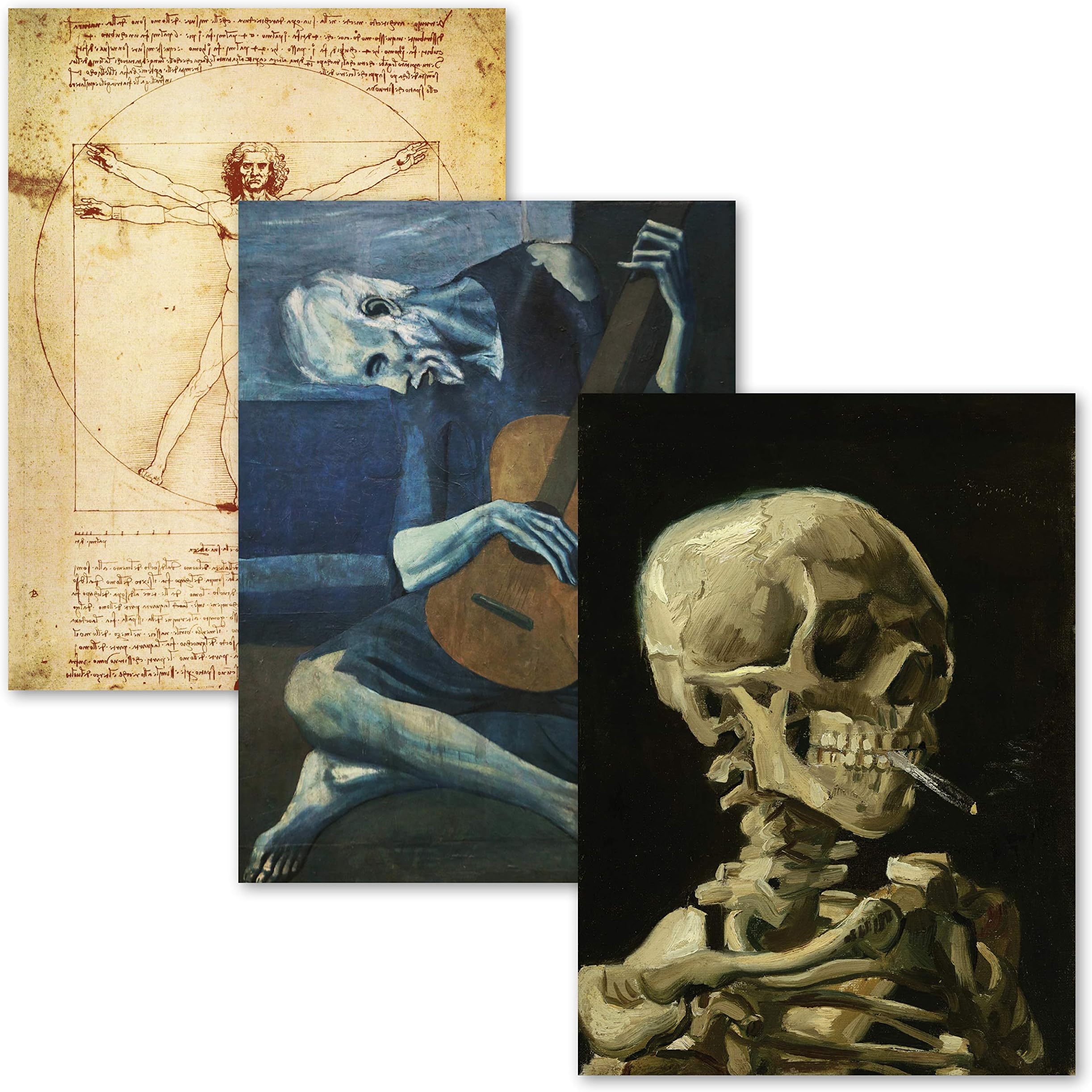 Palace Learning 3 Pack - Vitruvian Man by Leonardo Da Vinci + The Old Guitarist by Pablo Picasso + Van Gogh Skeleton Poster - Fine Art Prints (Laminated, 18" x 24")