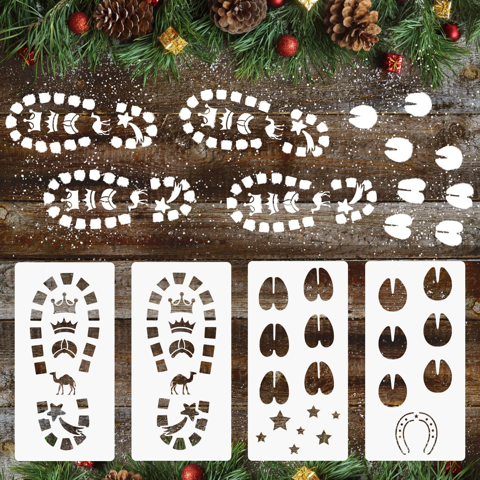 BOFUNX 4pcs Plantillas de Huellas Reyes Magos y Camellos Huellas de Botas de Reyes Magos Camello Reutilizables Plantillas Navideñas Decoración para Navidad Día de Reyes
