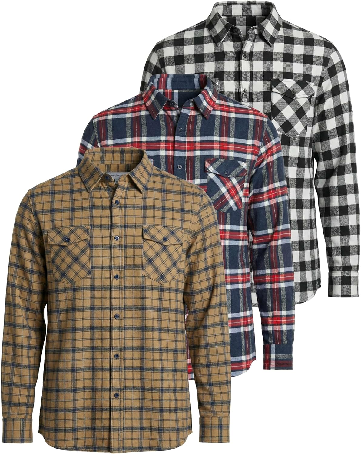 Real Essentials 3 Pack: Men's Long-Sleeve Flannel Button Down Plaid Casual Shirt (Available in Big & Tall)