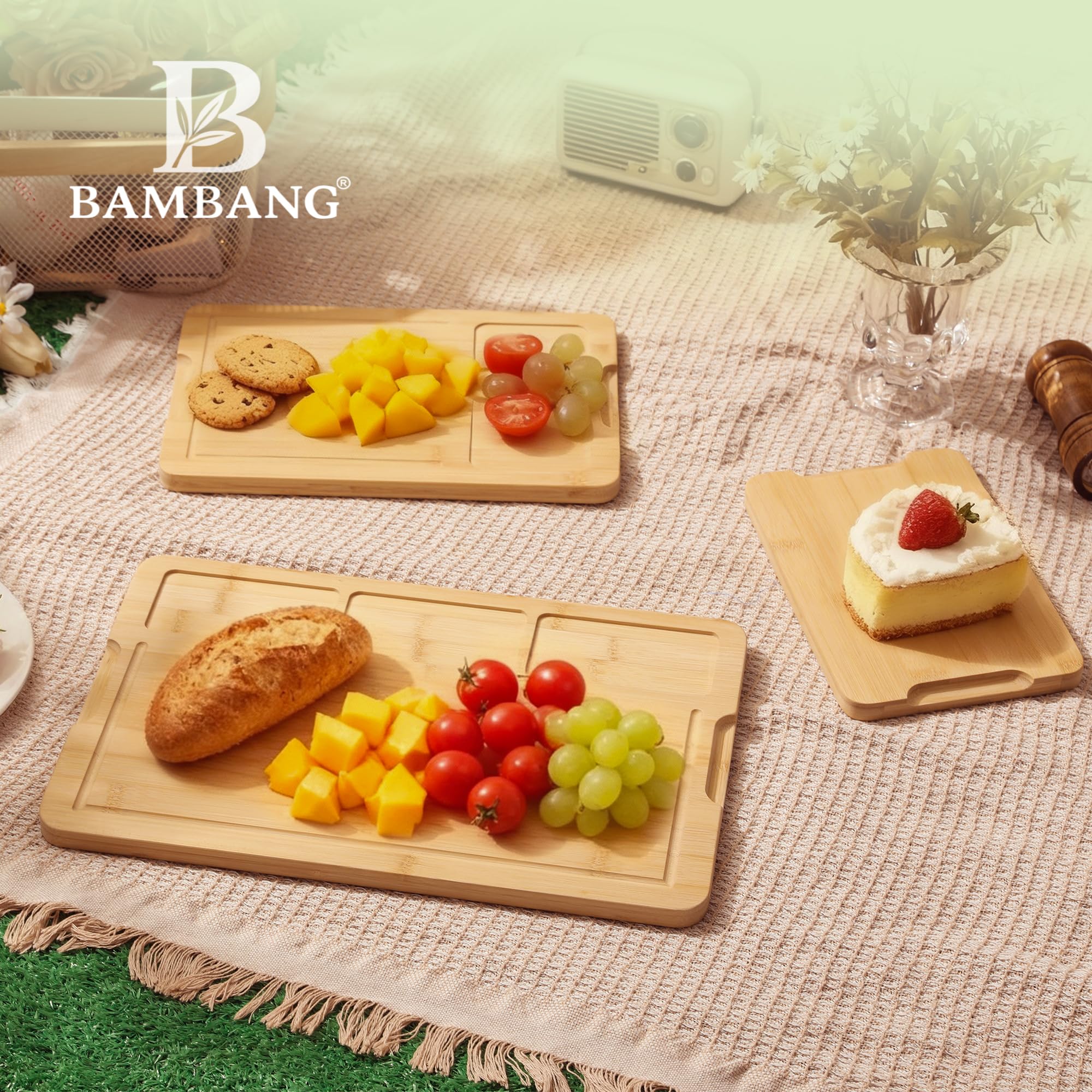 BAMBANG Juego de tablas de cortar de bambú, 3 tablas de cortar de madera para cocina, bloque de carnicero no tóxico con ranura para jugo, tablas de cortar grandes, medianas y pequeñas para carne