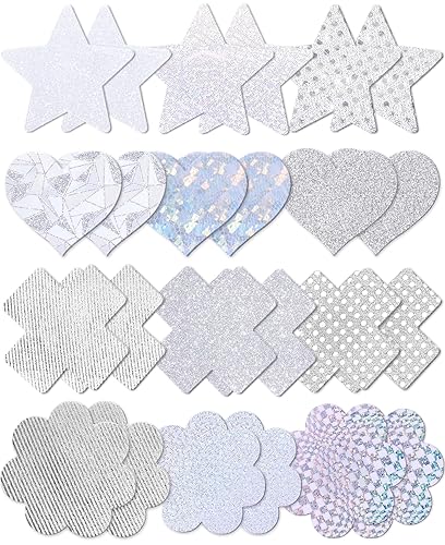 Glitter Pasties Nipple Covers Disposable Adhesive Pads Non-slip Nipple Covers, Sexy - Silver - 12