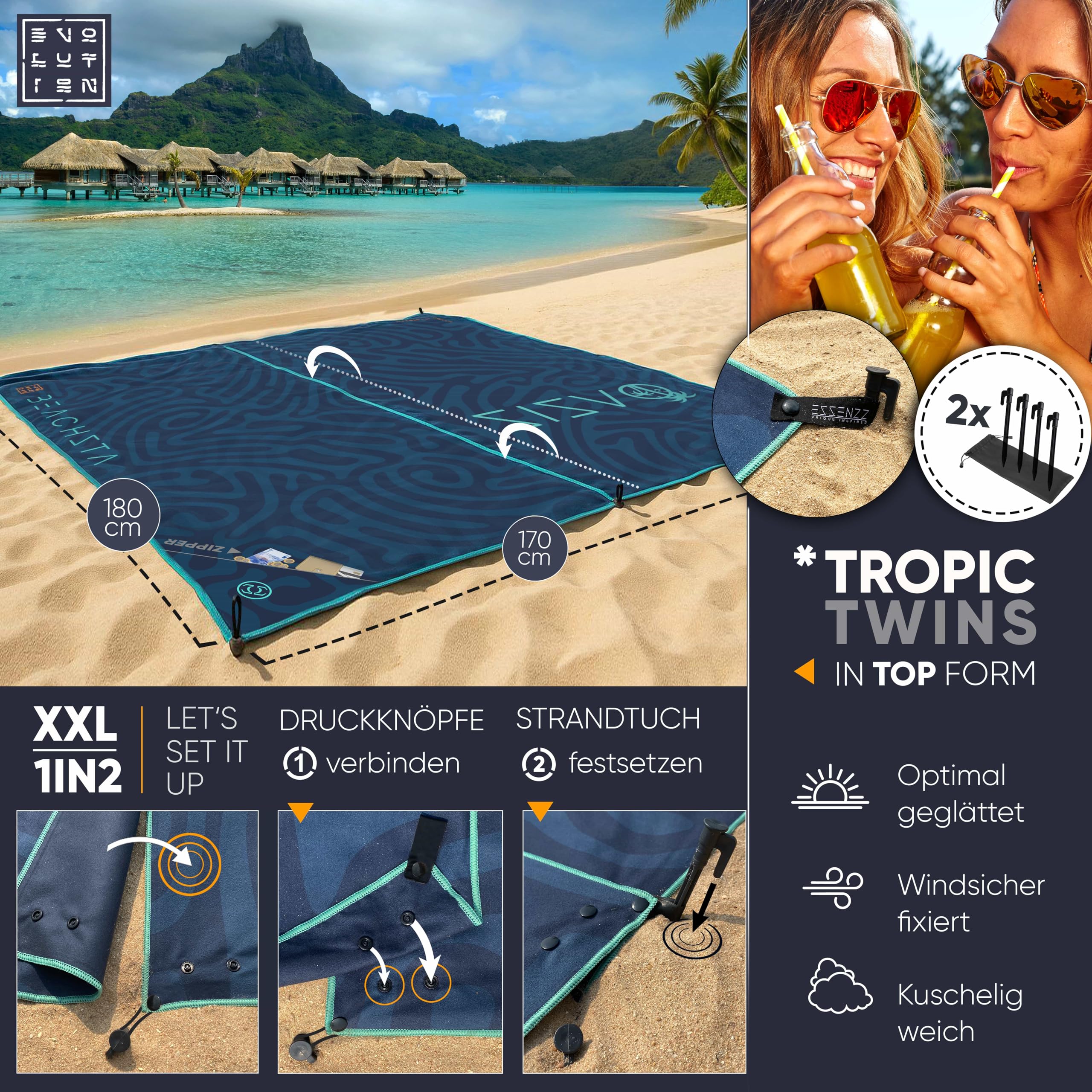 ESSENZZ Beachsta - Innovatives Mikrofaser Badetuch groß / 2X Strandtücher - 2er Set Badehandtuch groß 90x180 = Strandtuch XXL 170x180 Stranddecke Strandmatte