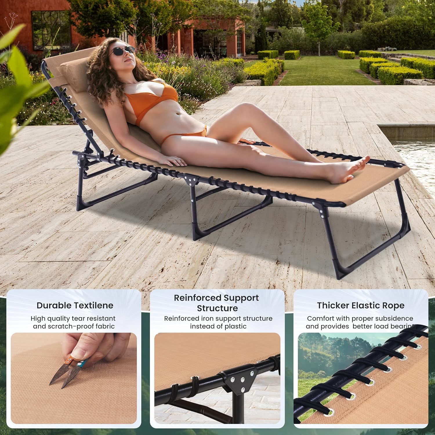 Folding Chaise Lounge Chair 2 Pack - 400lb Capacity, 5-Position Adjustable Recliner with Pillow | Portable for Patio, Pool, Camping & Sunbathing (Beige)​