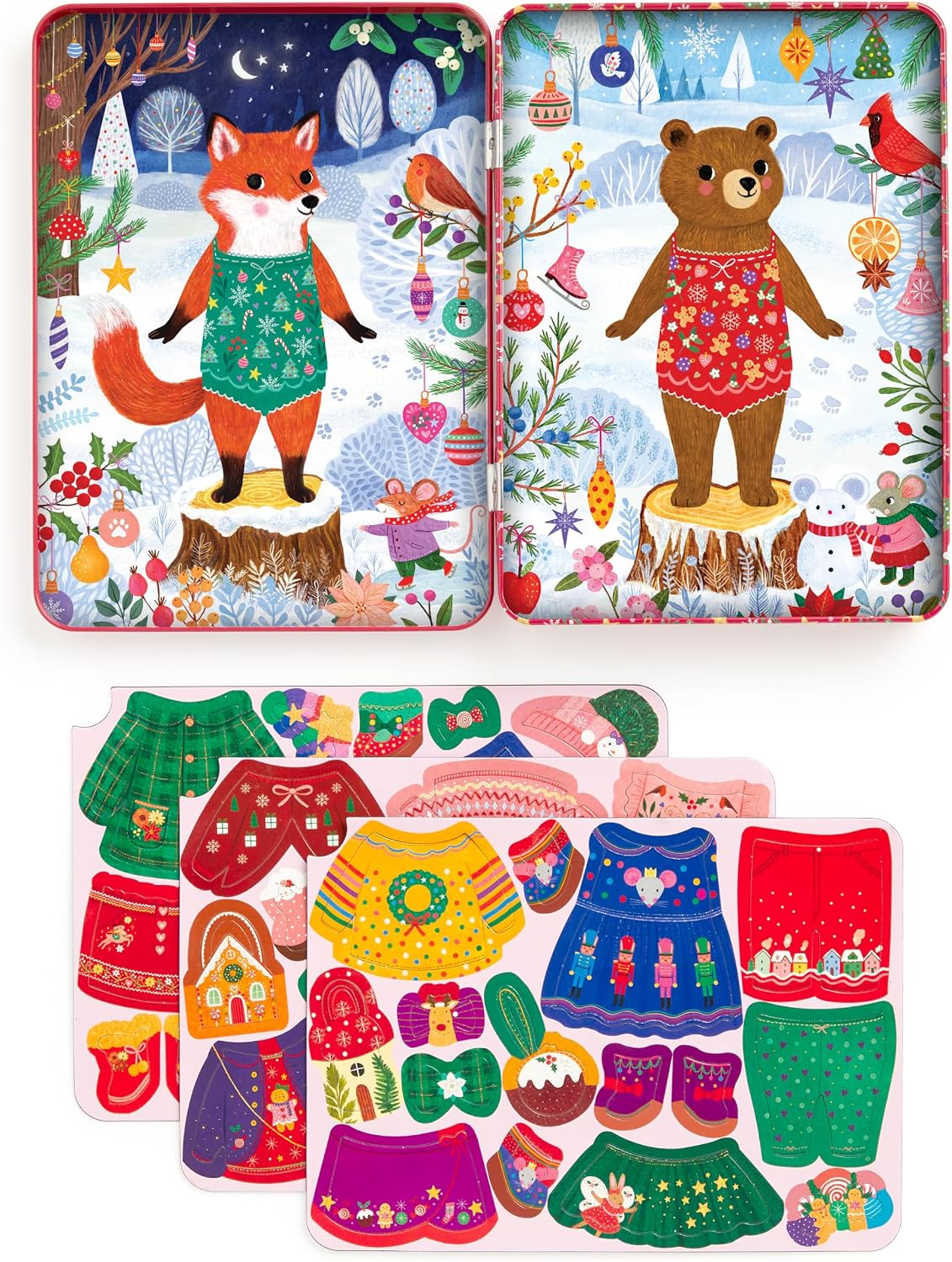 Mudpuppy Merry Woodland – Magnetic Dress Up Game with Illustrated Christmas Scenes Including 2 Woodland Characters and Over 40 Mix and Match Magnets Perfect for Holiday Travel