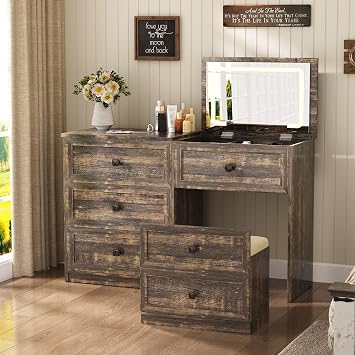 3-in-1 Vanity Desk with Lights and Mirror,47.2" W Vanity Set with Charging Station,Compact Vanity with Hidden Lockable Drawer,3 Drawers,Cushioned Stool,Rustic Oak