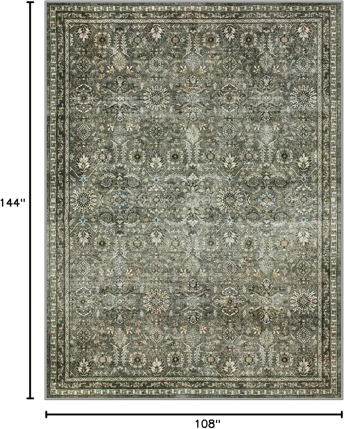 Lahome Mirae Large Dark Olive Green Area Rugs, Washable Area Rugs 9x12 Living Room, Boho Bedroom Mats Under Bed, Soft Stain Resistant Non-Shedding Thin Carpet for Dining Room Apartment