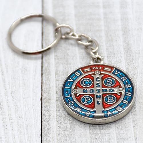 Miniatura 3 de Llavero grande de medalla de San Benito Detalles de resina azul y roja Metal plateado Gran regalo católico Santo patrón de los estudiantes,