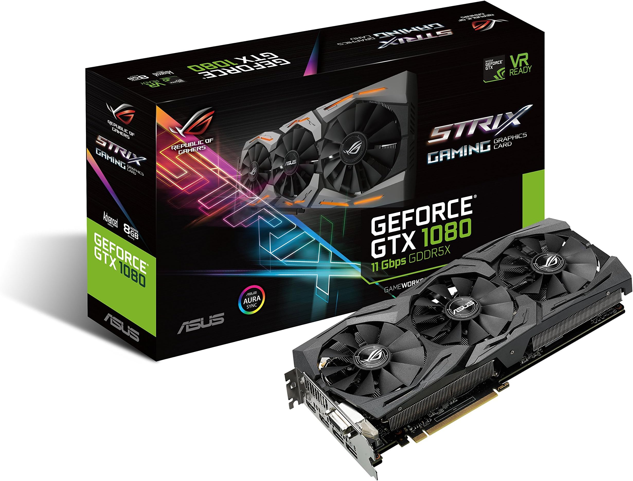 ASUS ROG Strix GeForceยฎ GTX 1080 8GB 11Gbps Advanced Edition VR Ready HDMI DP DVI Gaming Graphics Card (ROG-STRIX-GTX1080-A8G-11GPBS)