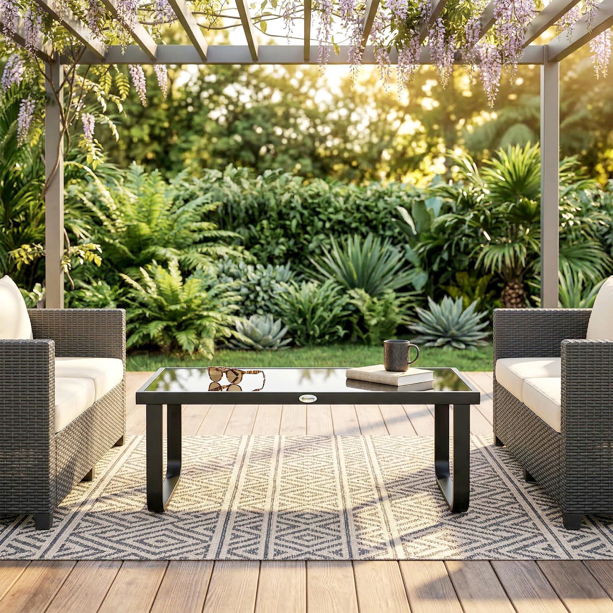 Outsunny Table Basse de Jardin Rectangulaire, Pieds Incurvés, Plateau en Verre Trempé, Table d'Appoint pour Terrasse Balcon Jardin, 90x45x33cm, Noir