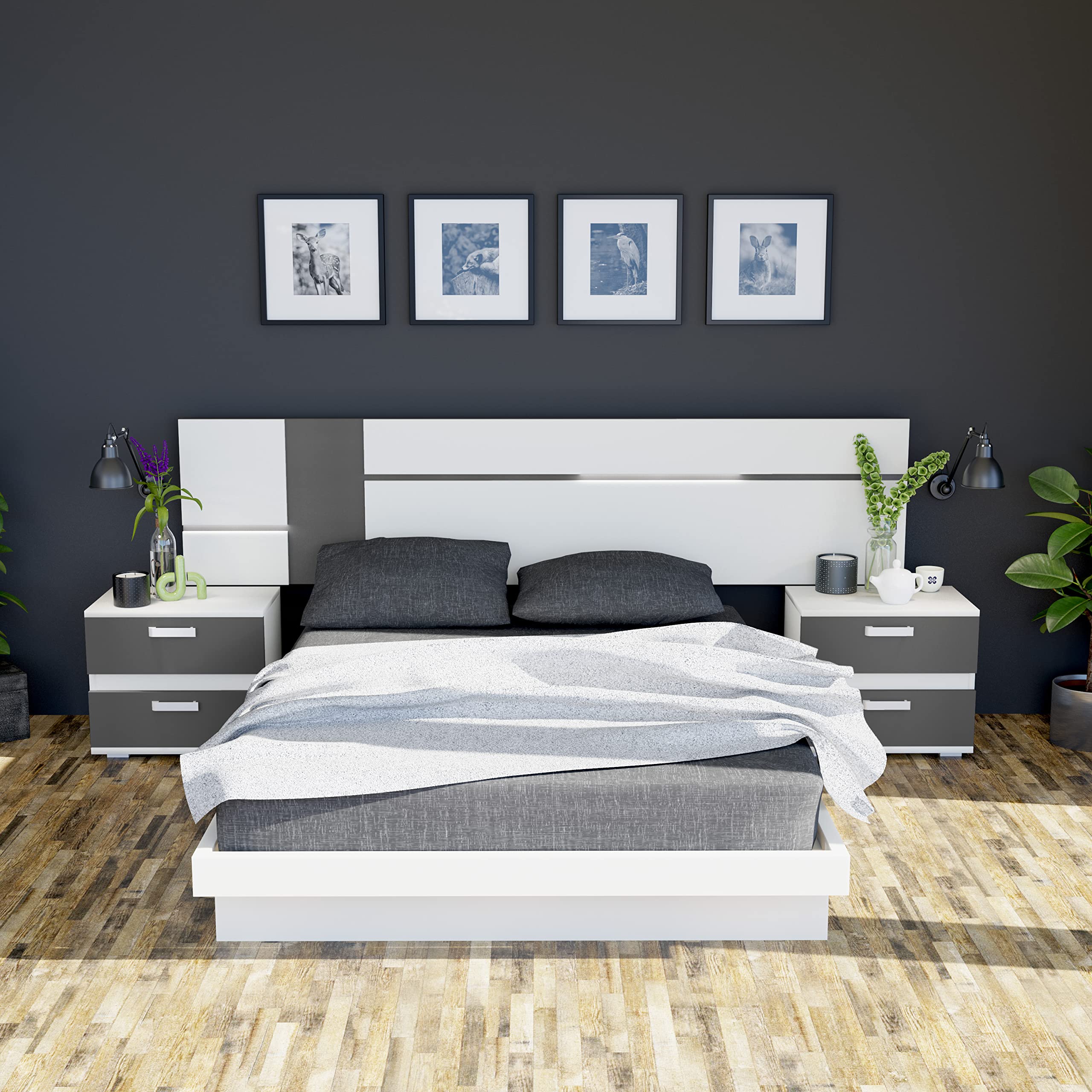 duehome | Cabezal con Led para Cama de Matrimonio, Cabecero Doble, Modelo Ataneq Leds, Acabado en Color Blanco y Grafito, Medidas: 260 cm (Ancho) x 60 cm (Alto) x 3 cm (Fondo)