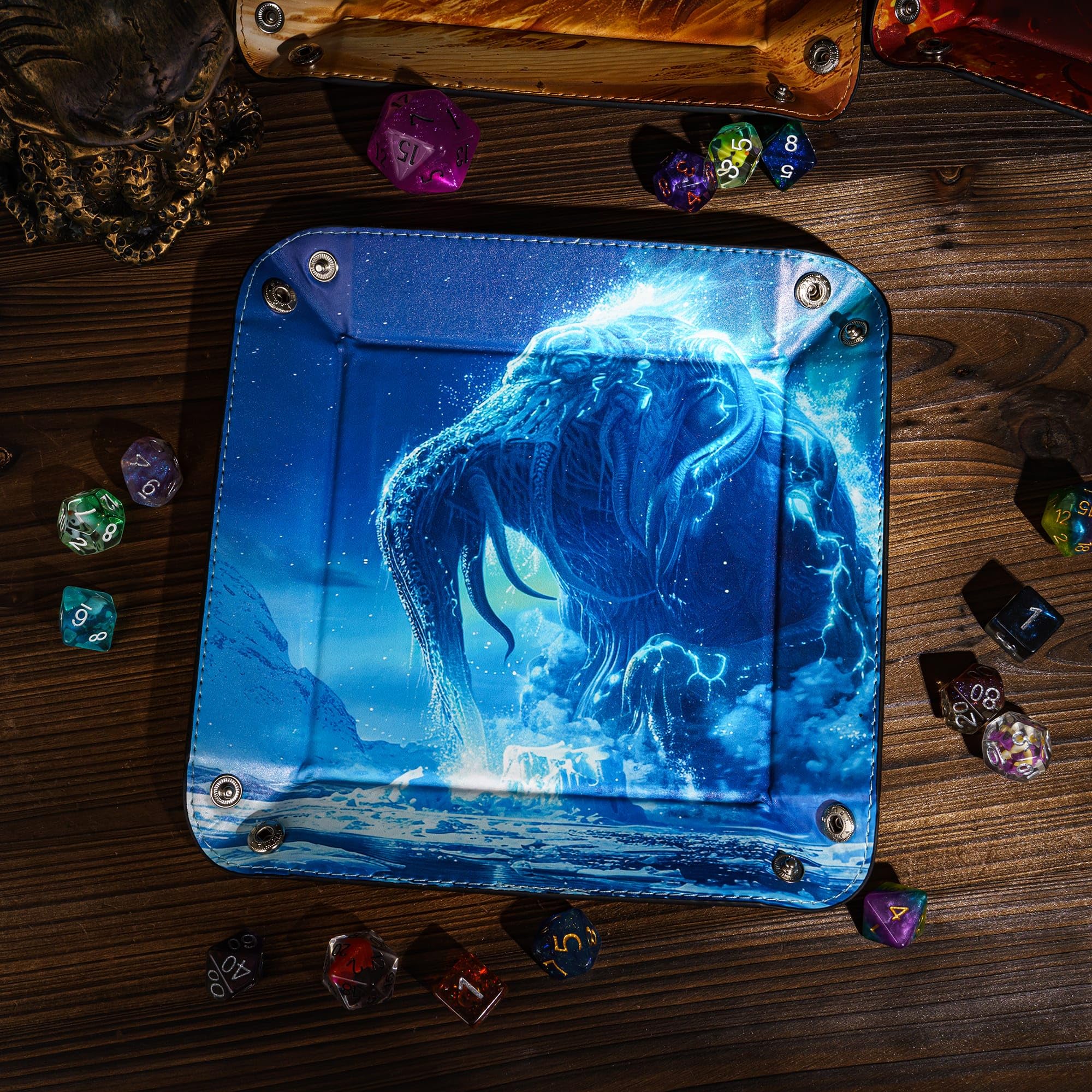 Cusdie PU Leather Dice Tray Square Tray for Dice Rolling and Storing Small Items - Cthulhu Design, Blue Cthulhu - Image 4